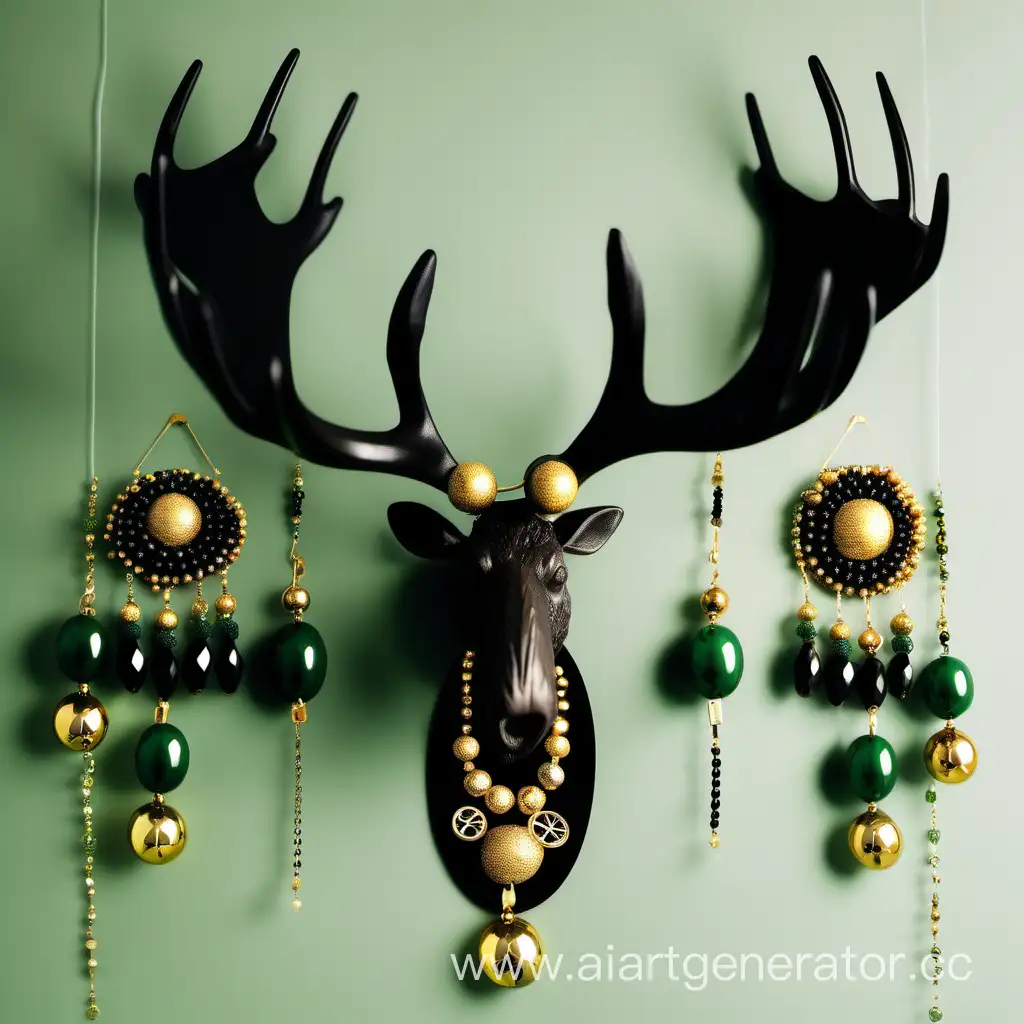 украшения бусы серьги кольца, развешаны на рогах лося, рога прибиты к стене, золотая черная зеленая цветовая гамма
