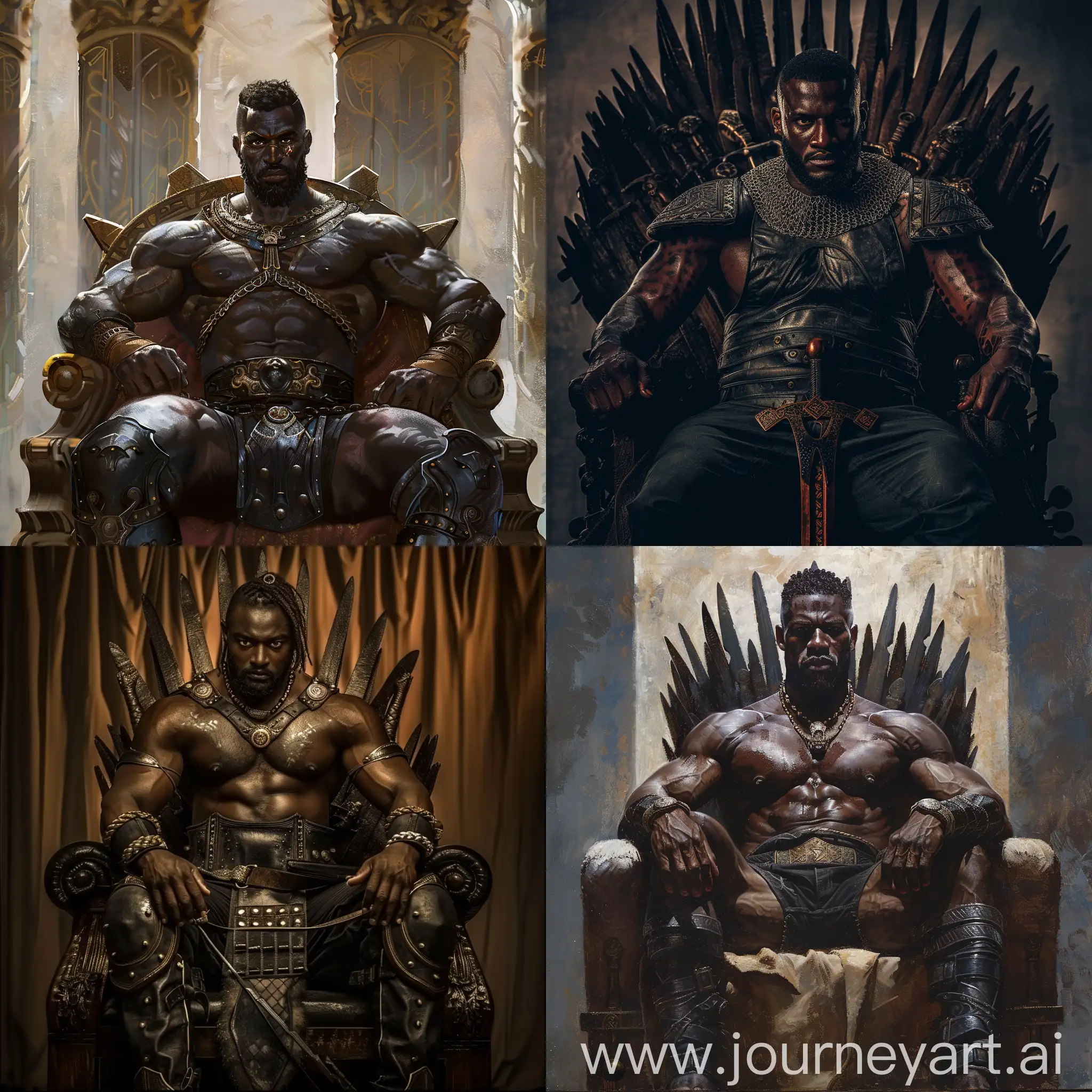 Musclar black man warrior type sitting on the throne