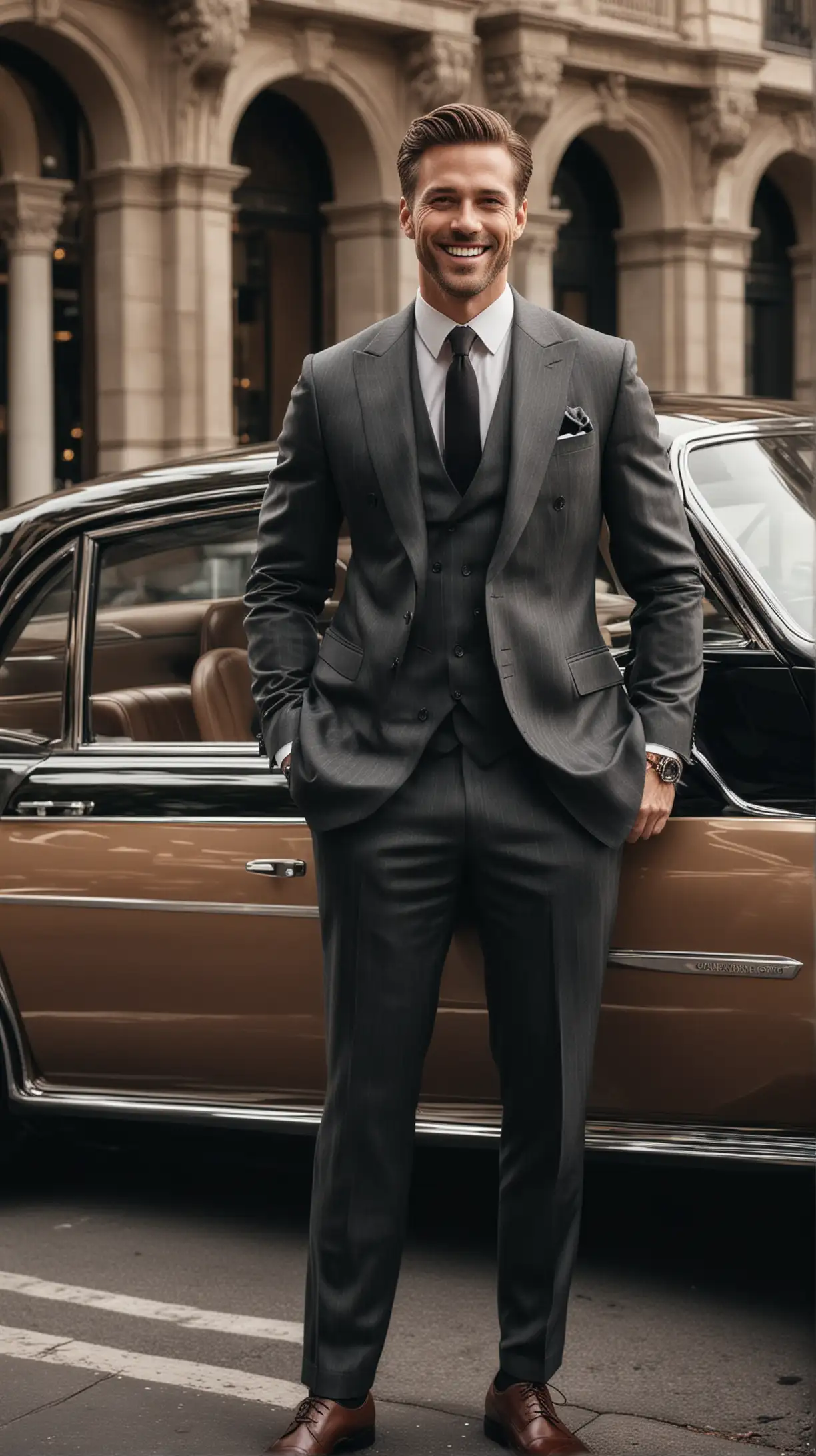 Elegant Gentleman in Luxury Suit Posing Confidently by a Classic Sedan