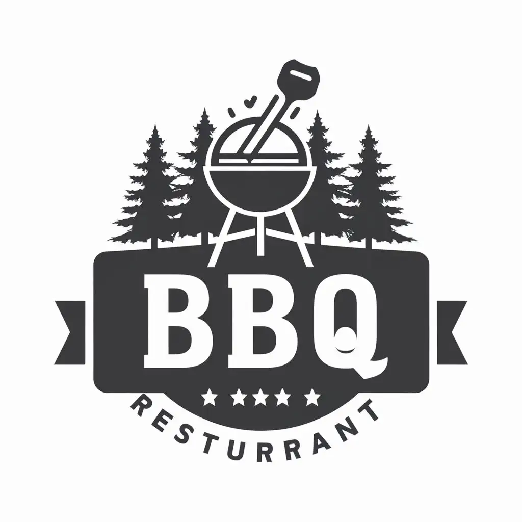 logo, BBQ Grill Amidst Pine Trees Landscape, with the text "BBQ", typography, be used in Restaurant industry