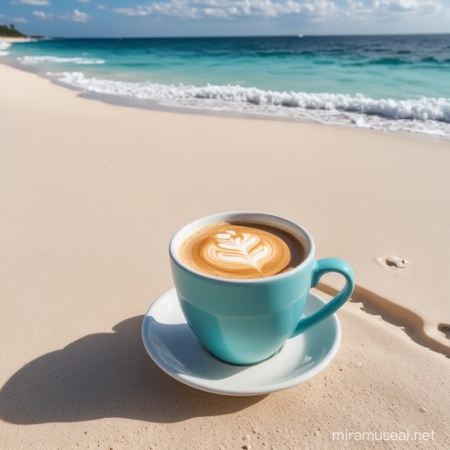 Beautiful russian drink Coffee sipping it while enjoying the sightseing of blue ocean with soft white sand beach
