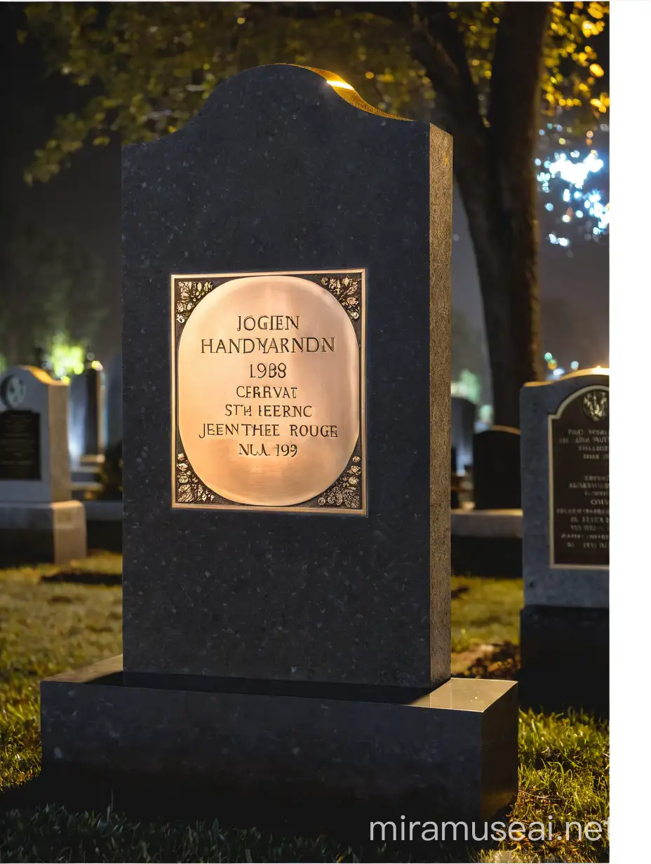 Bronze Plaque Headstone Illuminated in Nighttime Serenity