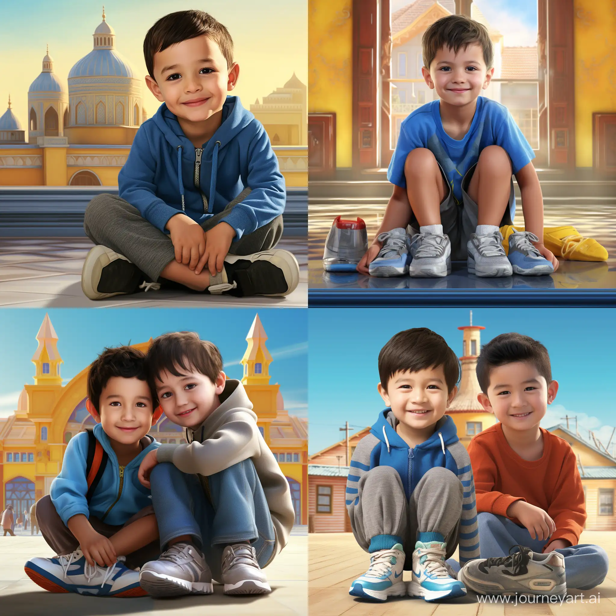 A realistic 3D image of a cute 6 years old boy and his 2 years old baby brother big eyes smiling and wearing a bright blue hoodie with a yellow "mohamad" and "mahan" text on the front, wearing sneakers, A building in Uzbekistan in the background. soft light reflection