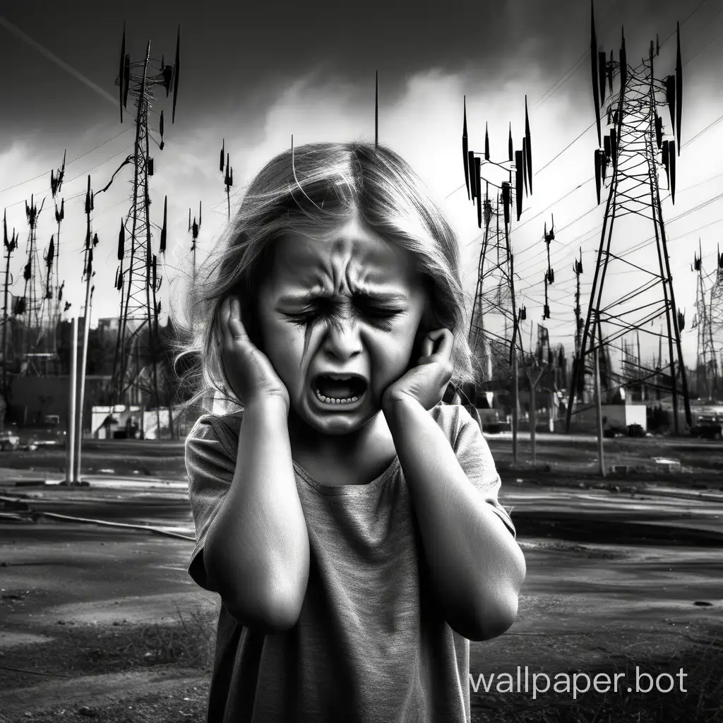 In the foreground: an innocent 6 year old crying girl  having a horrible headache protected by her determined grandmother. In the background:  many aggressive dark 5G antennas of cell towers. Monochromatic.