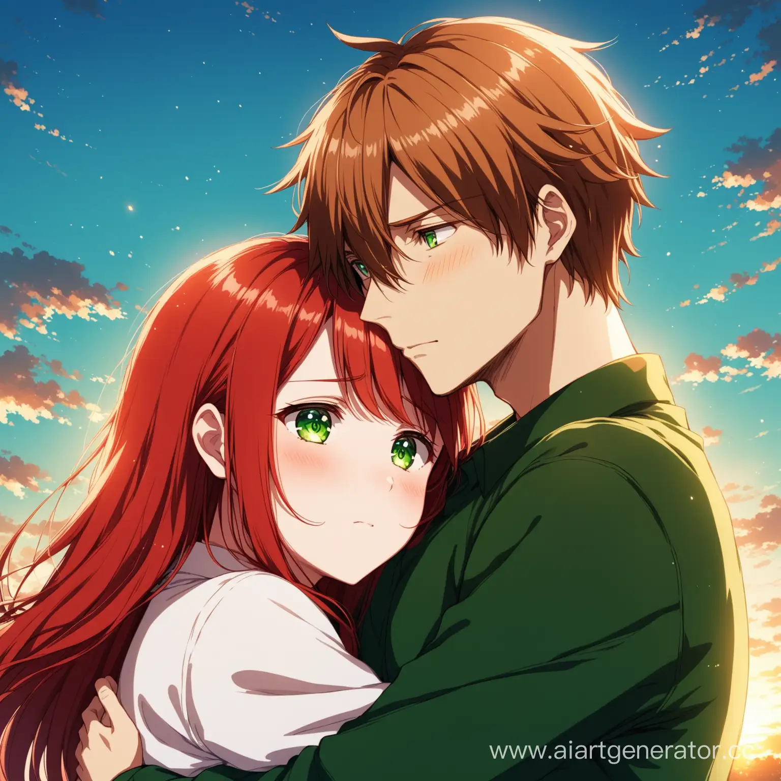Anime-Sad-Guy-Embraces-RedHaired-Girl-with-Green-Eyes
