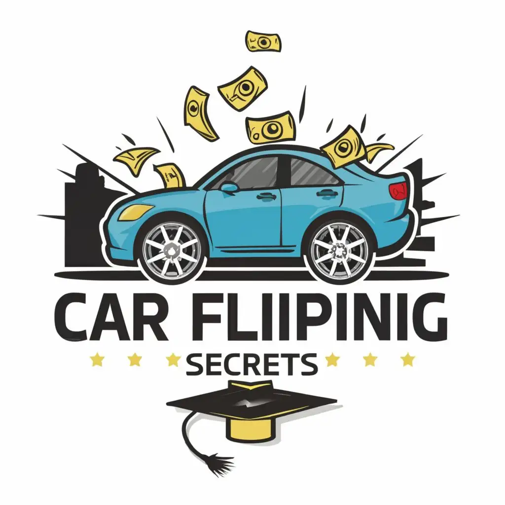 Love this logo. Flip the car upside down with money coming out of the sunroof. and a circle of arrows around the car visually displaying that it's being "Flipped". Make the word SECRETS larger than the words Car Flipping. Add a diploma next to the graduation gown. 