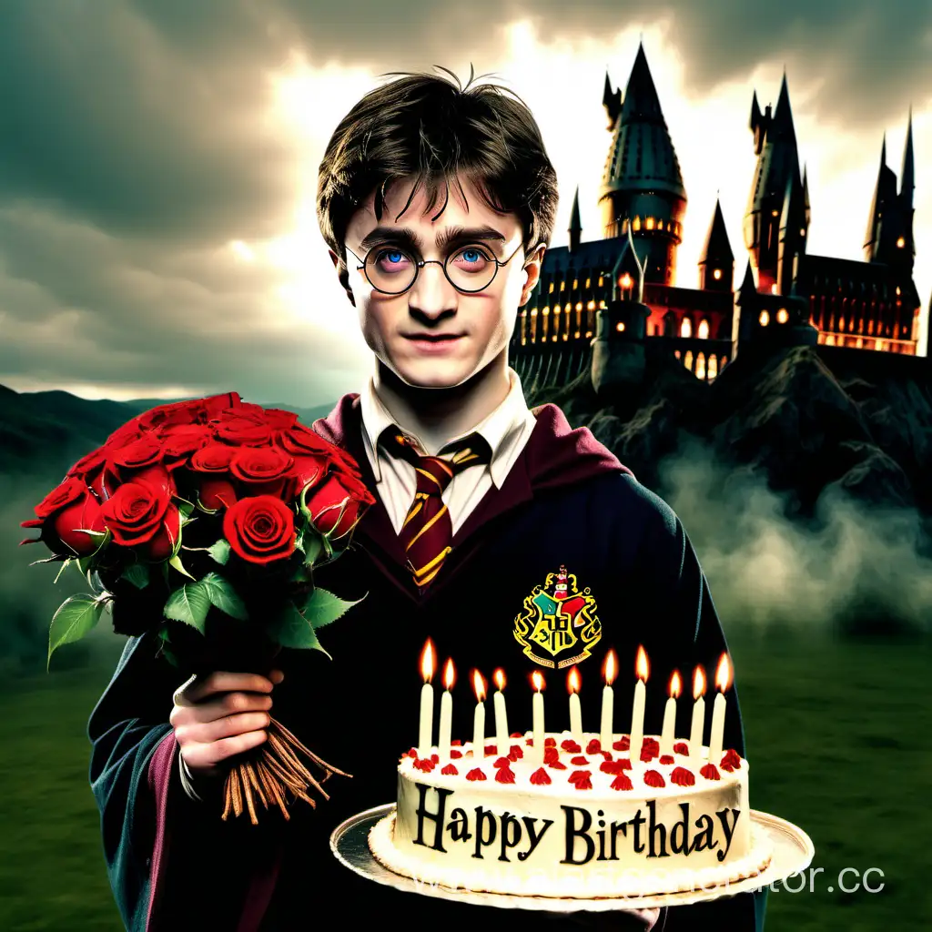 Гарри Поттер держит в одной руке торт с надписью Happy birthday to Ksusha, во второй руке держит букет алых роз, на заднем фоне Хогвартс