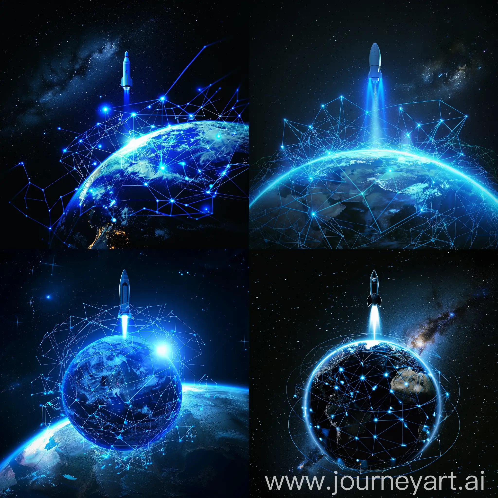 Earth shown with blue colour connecting network of digitization. Rocket in background