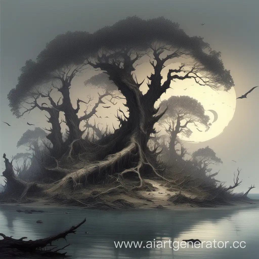 остров в форме полумесяца, мёртвые деревья, отличное качество, реализм