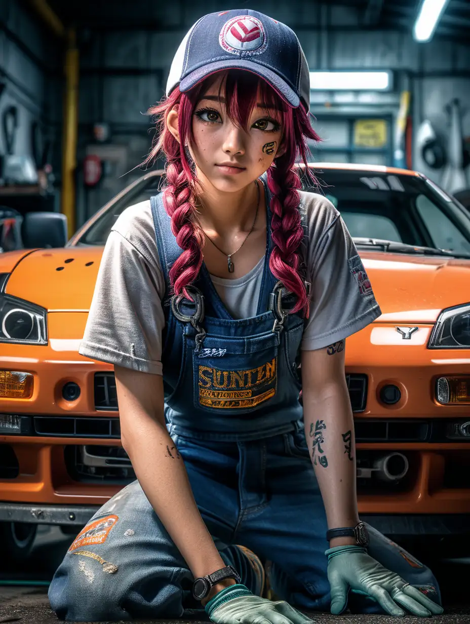 (cinematic lighting), In the gritty world of a Japanese garage, an anime girl mechanic defies stereotypes with her unique beauty, Smudges of grease adorn her hands and face, a testament to her hands on expertise on car repairing, Vibrant hair peeks out from under a worn cap, and her eyes gleam with a blend of determination and passion for all things automotive, full body photo, angle from below, intricate details, detailed face, detailed eyes, hyper realistic photography,--v 5, unreal engine