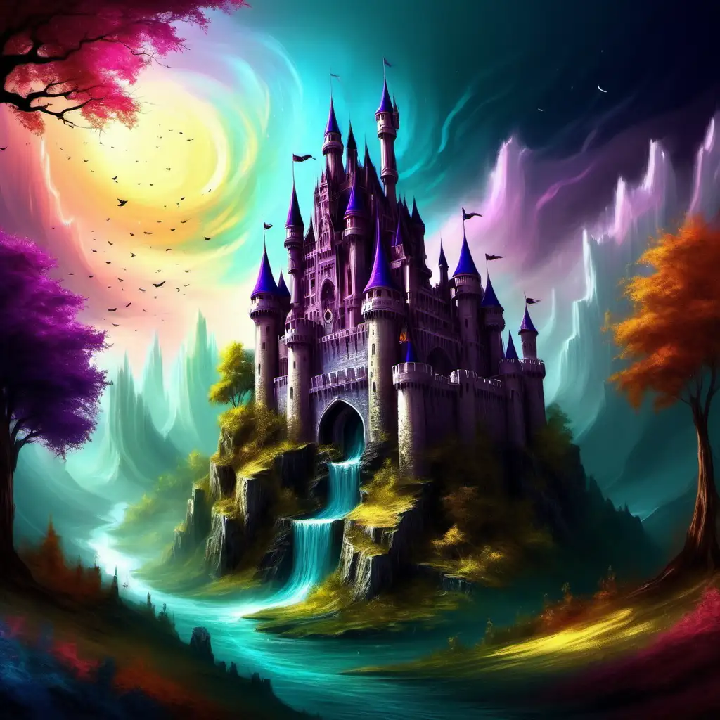 Vibrant Fantasy Castle Artwork Surreal Imagination with Rich Colors