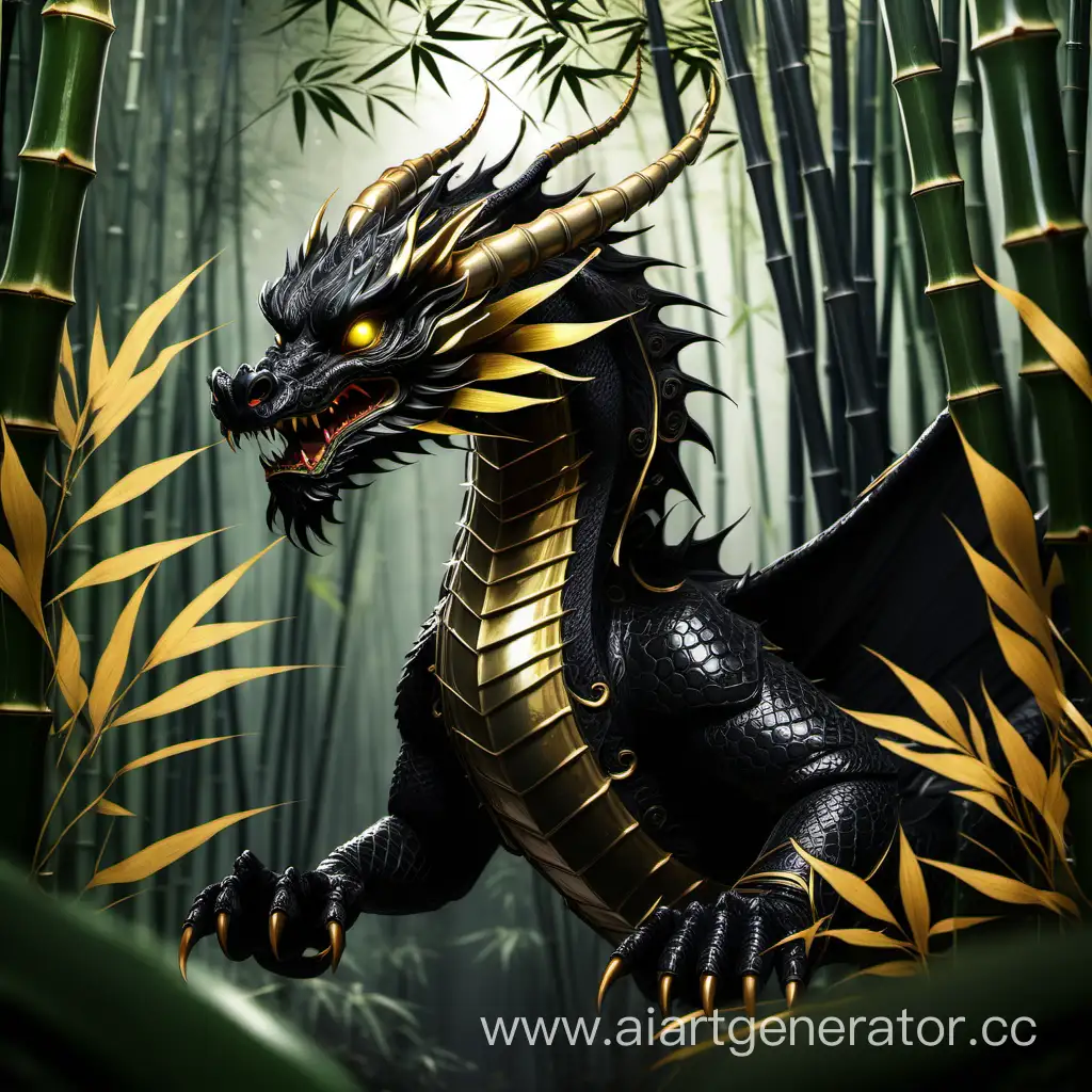 Темный бамбуковый лес и в нём извиваясь в центре парит азиатский дракон черного цвета с золотыми глазами без зрачков