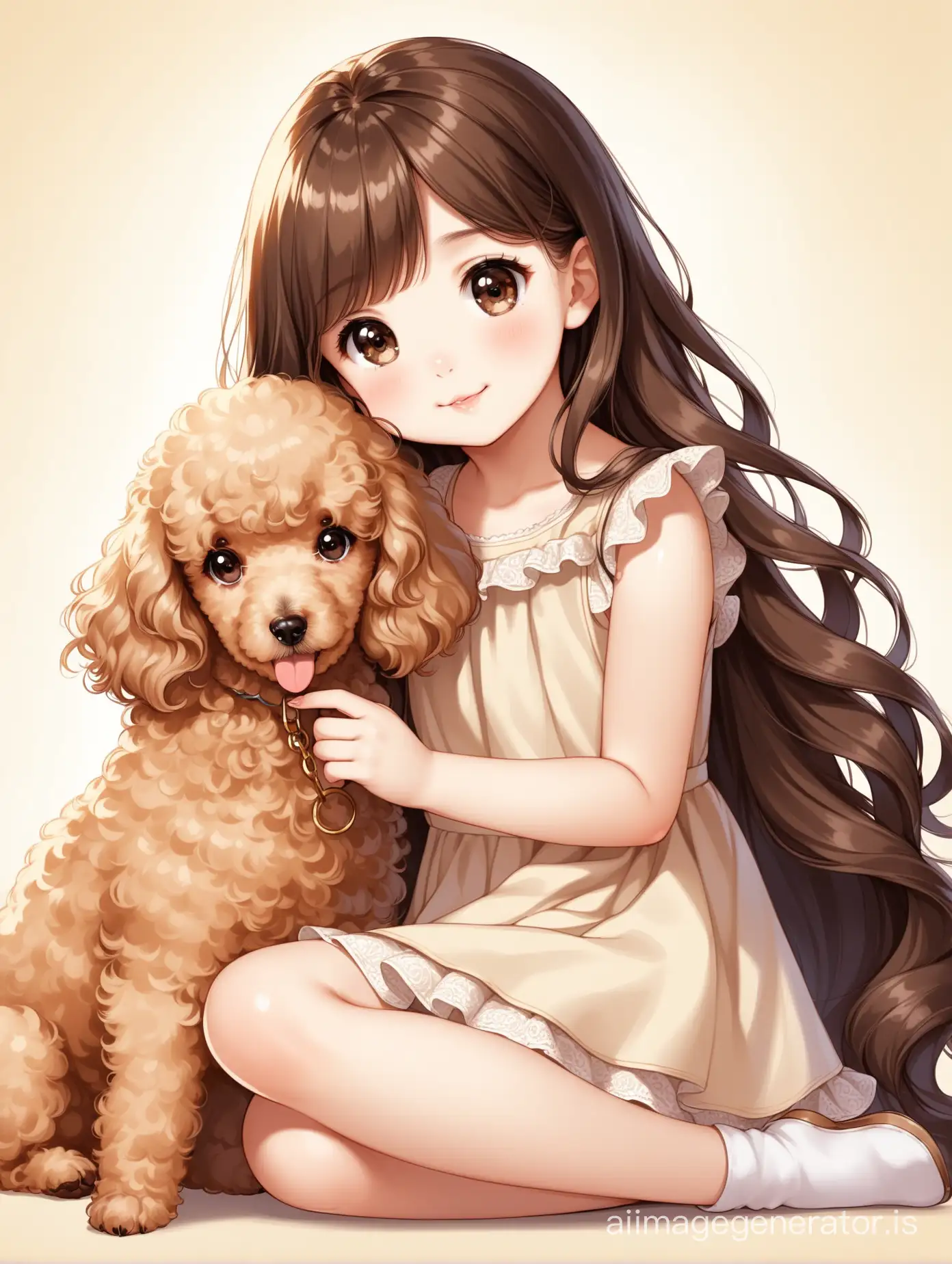 playful and cute little girl with dark brown eyes and very long hair sitting with a beige-colored poodle puppy
