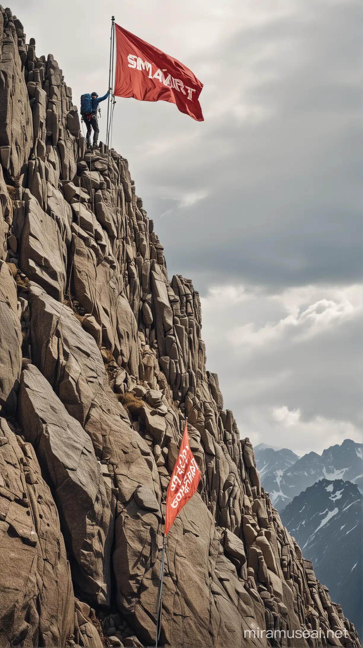 An image of a climber ascending a mountain, facing obstacles but continuing to climb, with a flag at the summit symbolizing their goal with the word SMART on the flag. Show the climber in the middle of the hill and at the top.