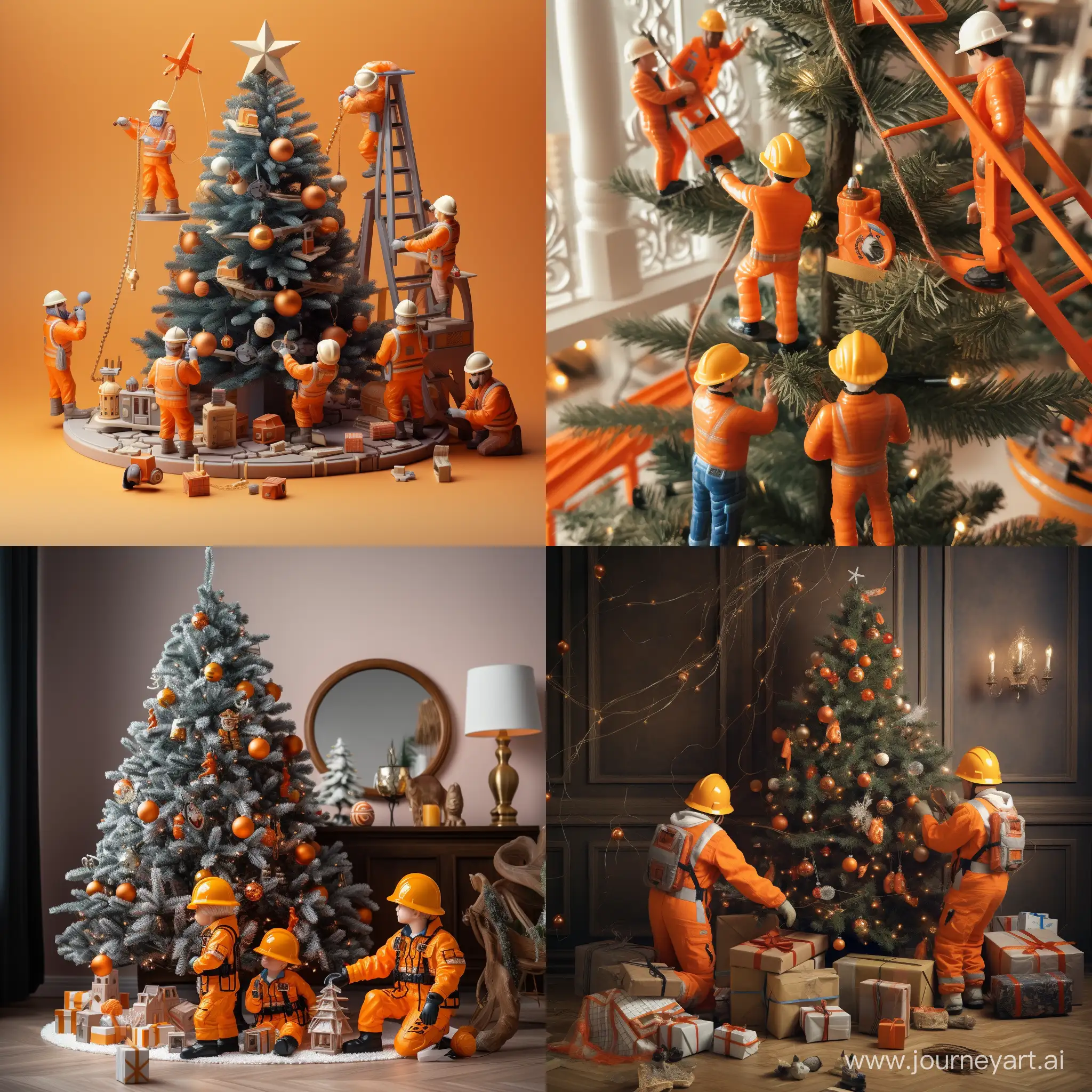 Новогодняя елка с игрушками и строители в оранжевых касках