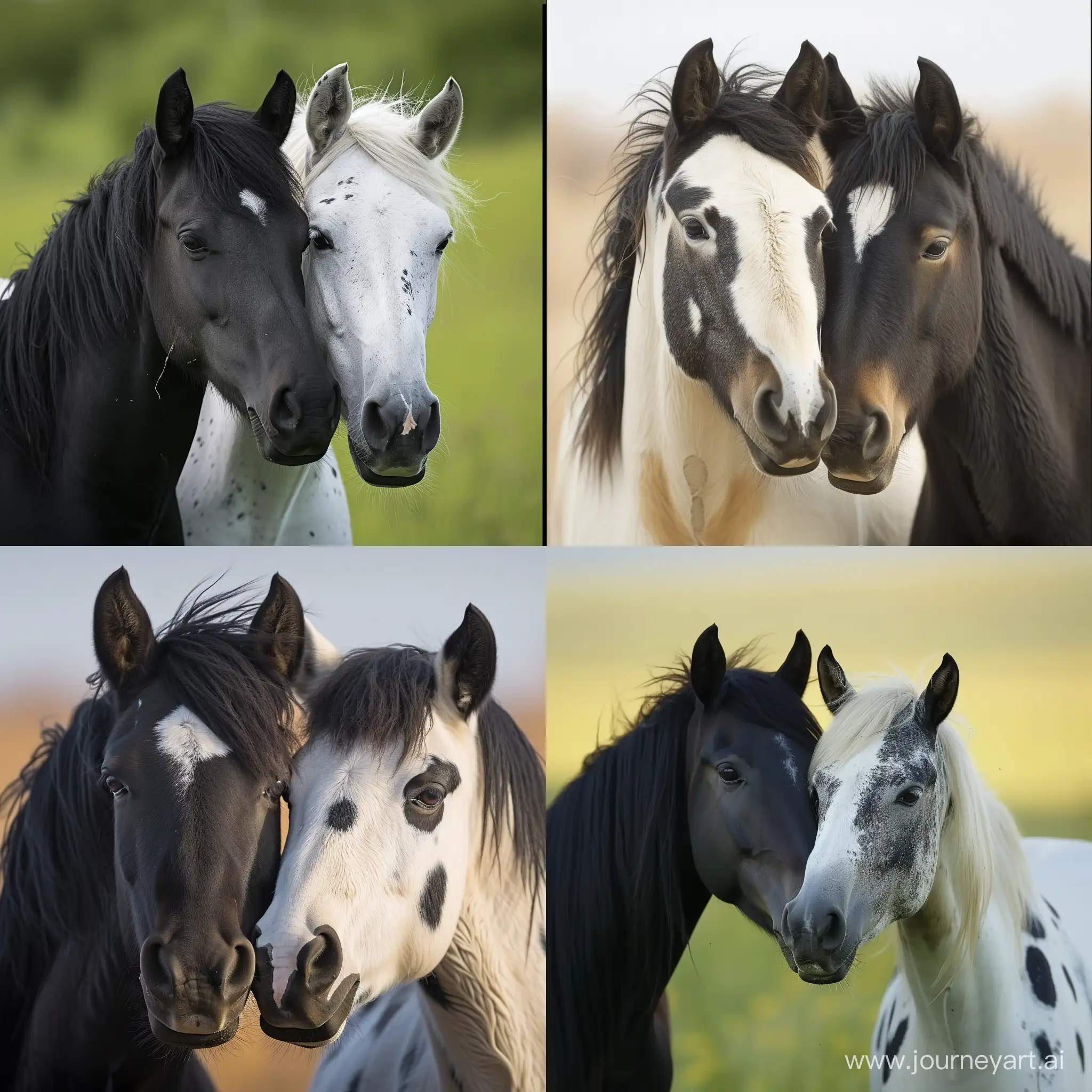Две лошади чёрная и белая ласковые любовь прижалась к друг другу на лугу