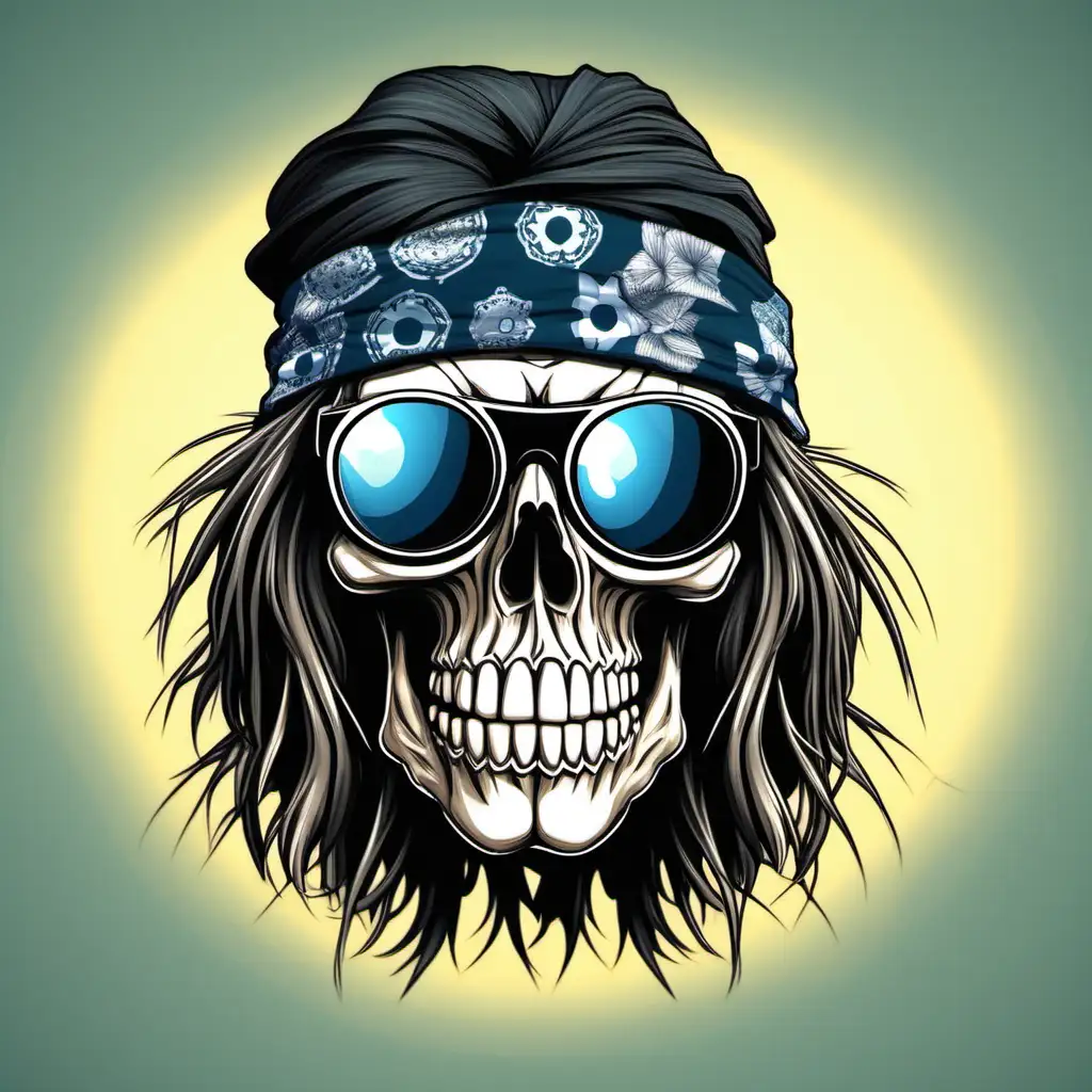 A detailed illustration a Dead Skull wearing trendy small round inspired shades ,bandana, black rims, long hair, hippy, stoner, t-shirt design, t-shirt design, 3D vector art, cute
cartoon effect ,Adobe Illustrator, hand-drawn, digital
painting, low-poly, soft lighting, retro aesthetic, focused on
the character, 4K resolution, photorealistic rendering, using Cinema 4D --s 750 --style raw
