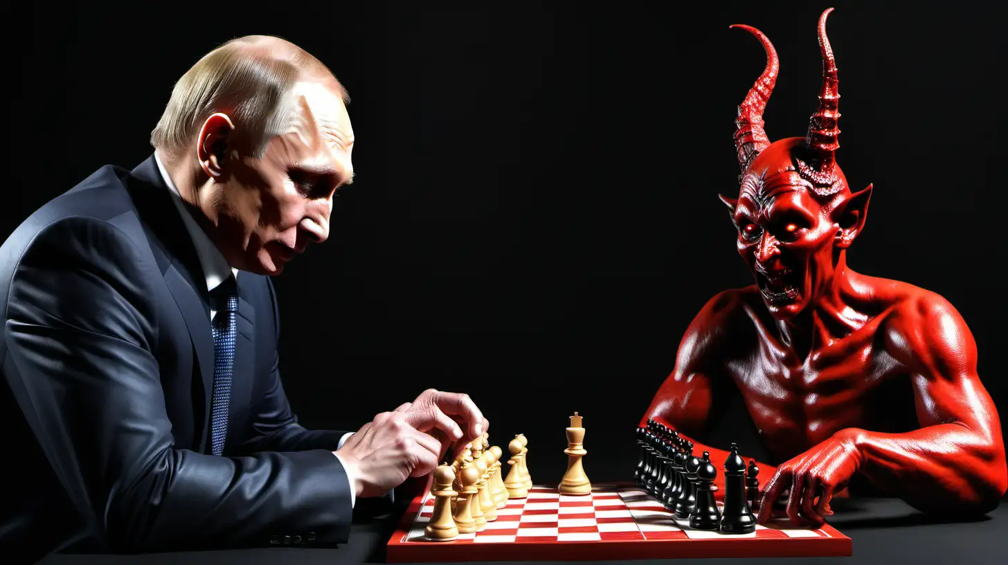 Vladimir Putin and the Devil Playing Chess in Hell Political Leader Engages in Strategic Game with the Underworld Ruler