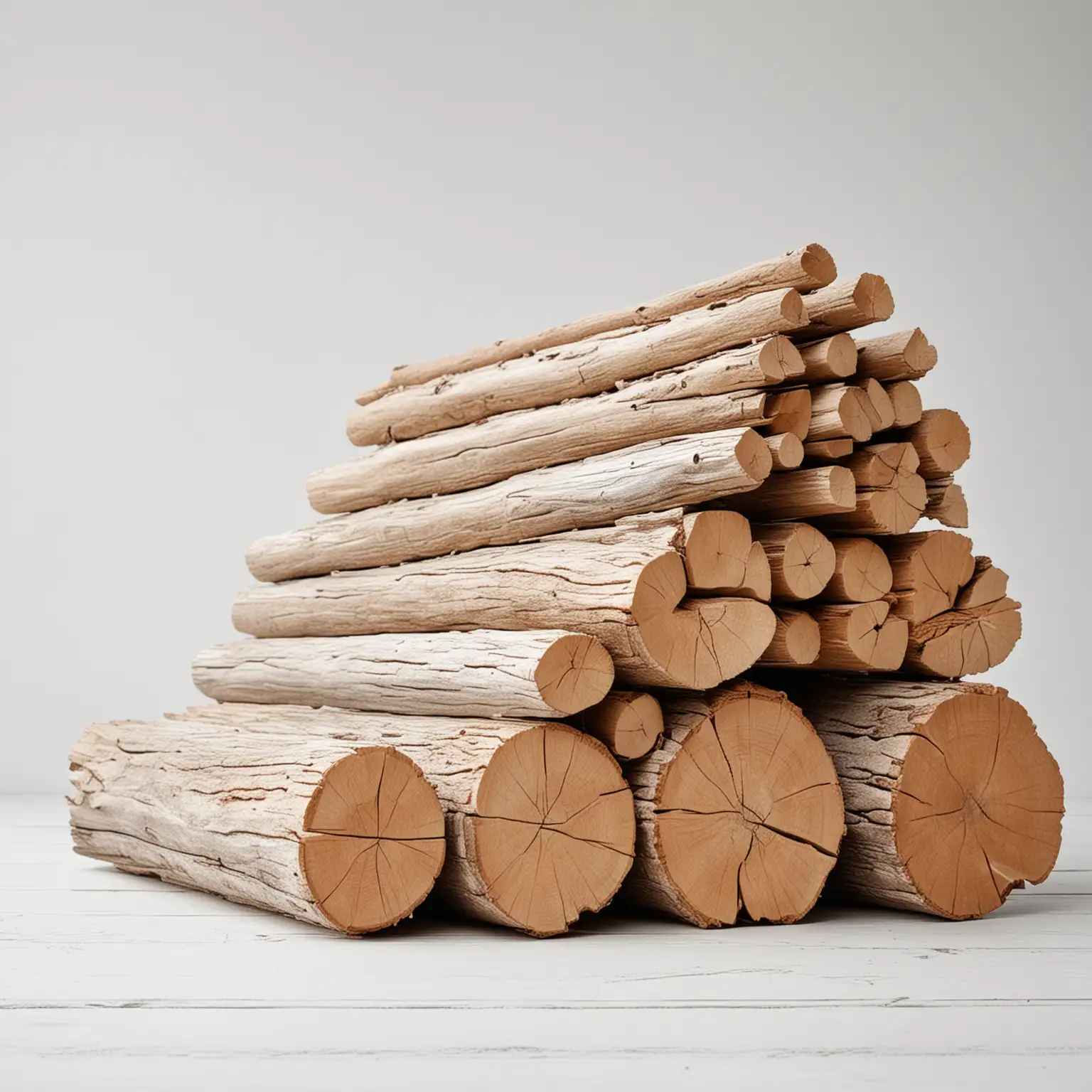 Stacked Wooden Logs on White Background