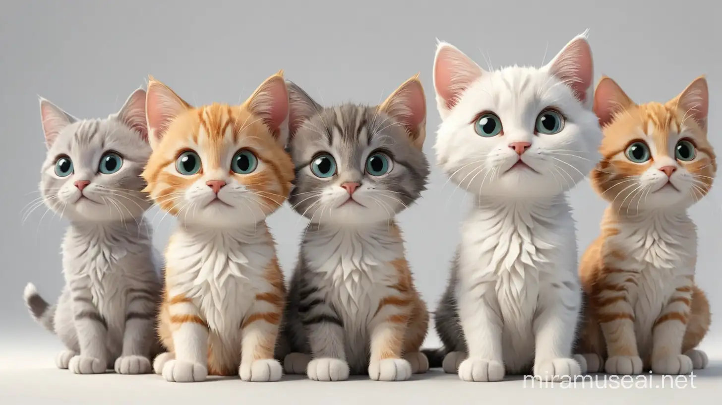 five cute kitties next to each other on a white background cartoon style 3d render