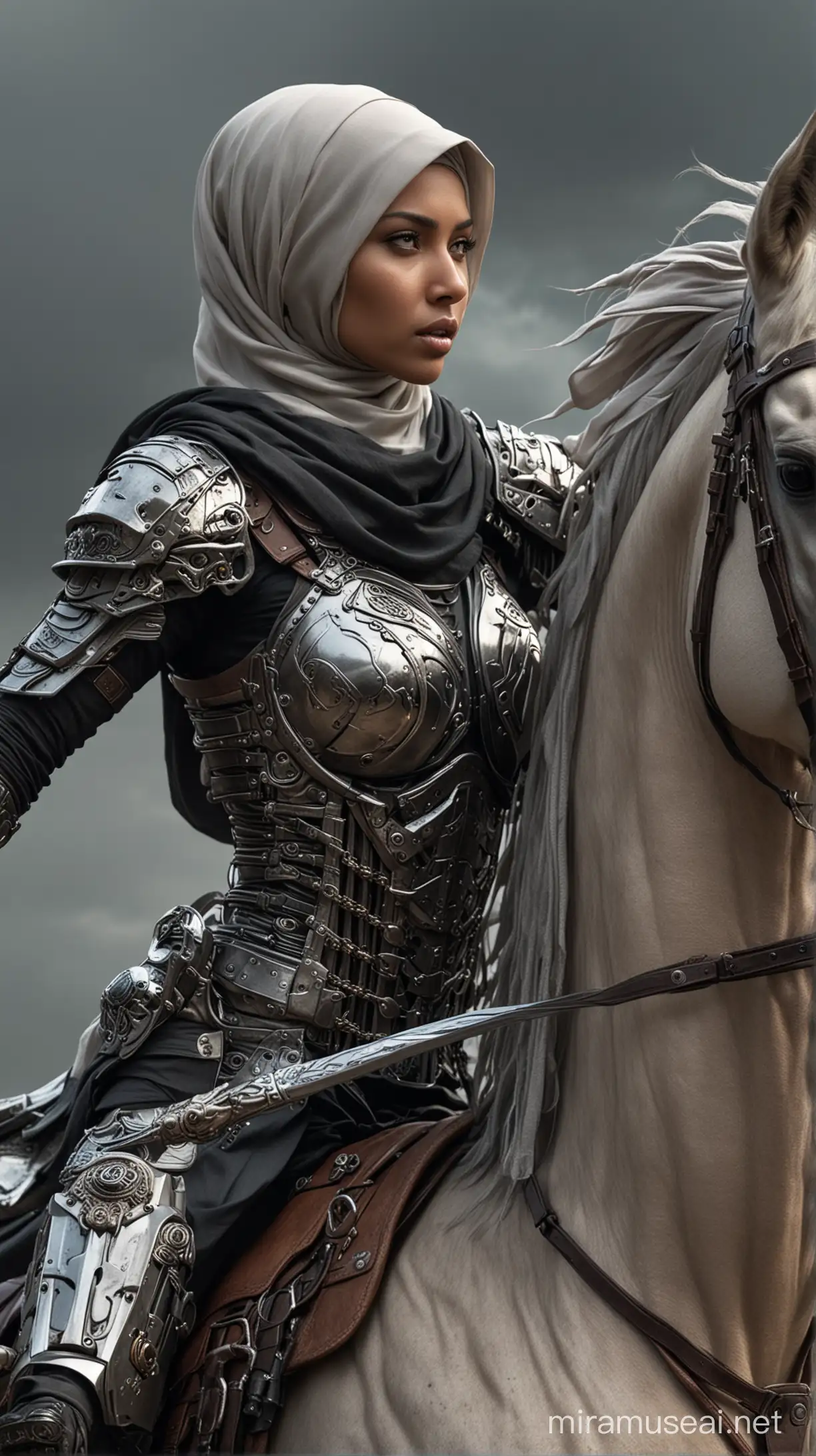 Close up,3/4 quarter angle,a biomechanical warrior woman with hijab rising a sword in her hand on a biomechanical horse.Electronic, Photo realistic,dark apocalypses battle field backdrop, cinematic, HDR.