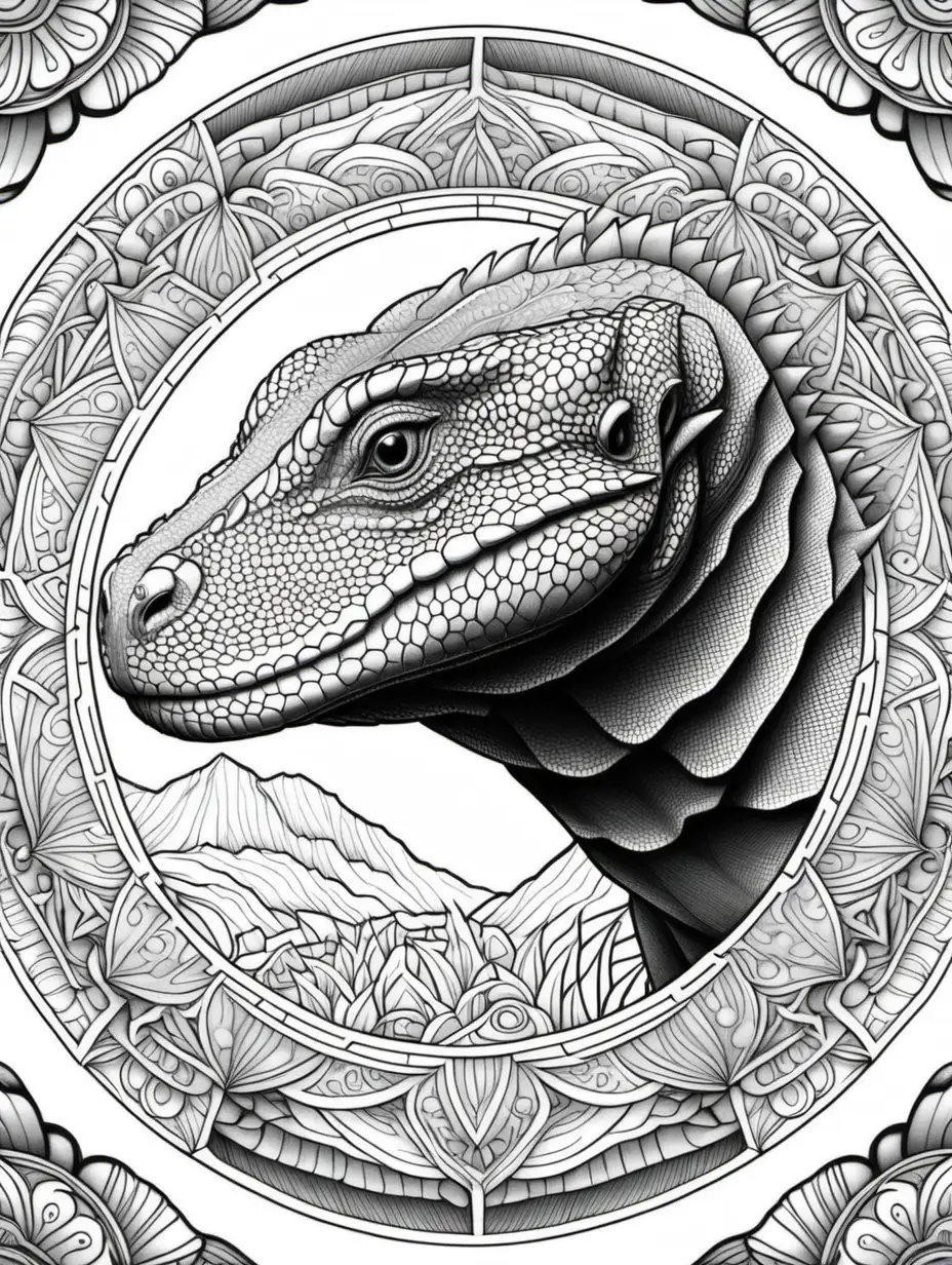 adult coloring book, Komodo dragon, mandala, black and white, high detail, no shading,