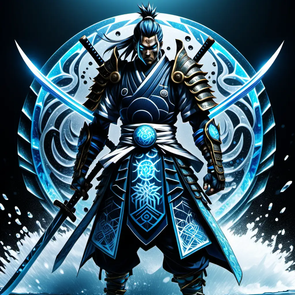 high definition simulation of a video game world boss character creation screen with cyberpunk Samurai ninja, Knight with armor and yingyang eyeballs With glowing elemental shadow fists wearing a beautiful ice kimono with white black and blue sacred geometry and armored shoulder guards with anime hair With glowing water fists wearing a beautiful frozen kimono holding a large samurai sword Covered in frozen shards in samurai sword stance with colors of ice with blues typhoon water black and blues snow sacred geometry and armored shoulder guards In the style of a samurai sword pose