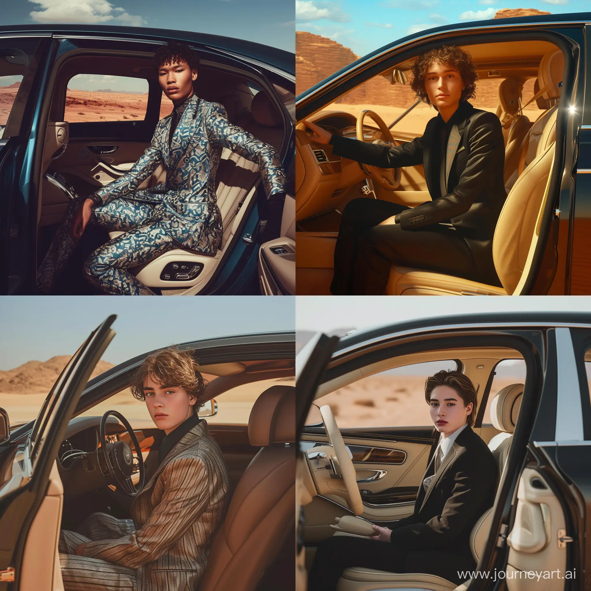  "Craft a captivating portrait featuring a young adult exuding importance and proficiency seated inside a luxurious car. Envision the individual in a striking, business-ready fancy suit, with the angle of the photo taken from the doorside. Elevate the image with meticulous details, seamlessly blending the opulence of the car's interior with the desert landscape in the background, creating a visually stunning and professional portrait through AI art generation."