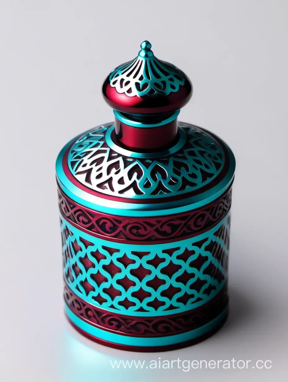 Luxurious-Zamac-Perfume-Ornamental-Long-Cap-in-Shiny-Turquoise-with-Dark-Burgundy-Arabesque-Pattern