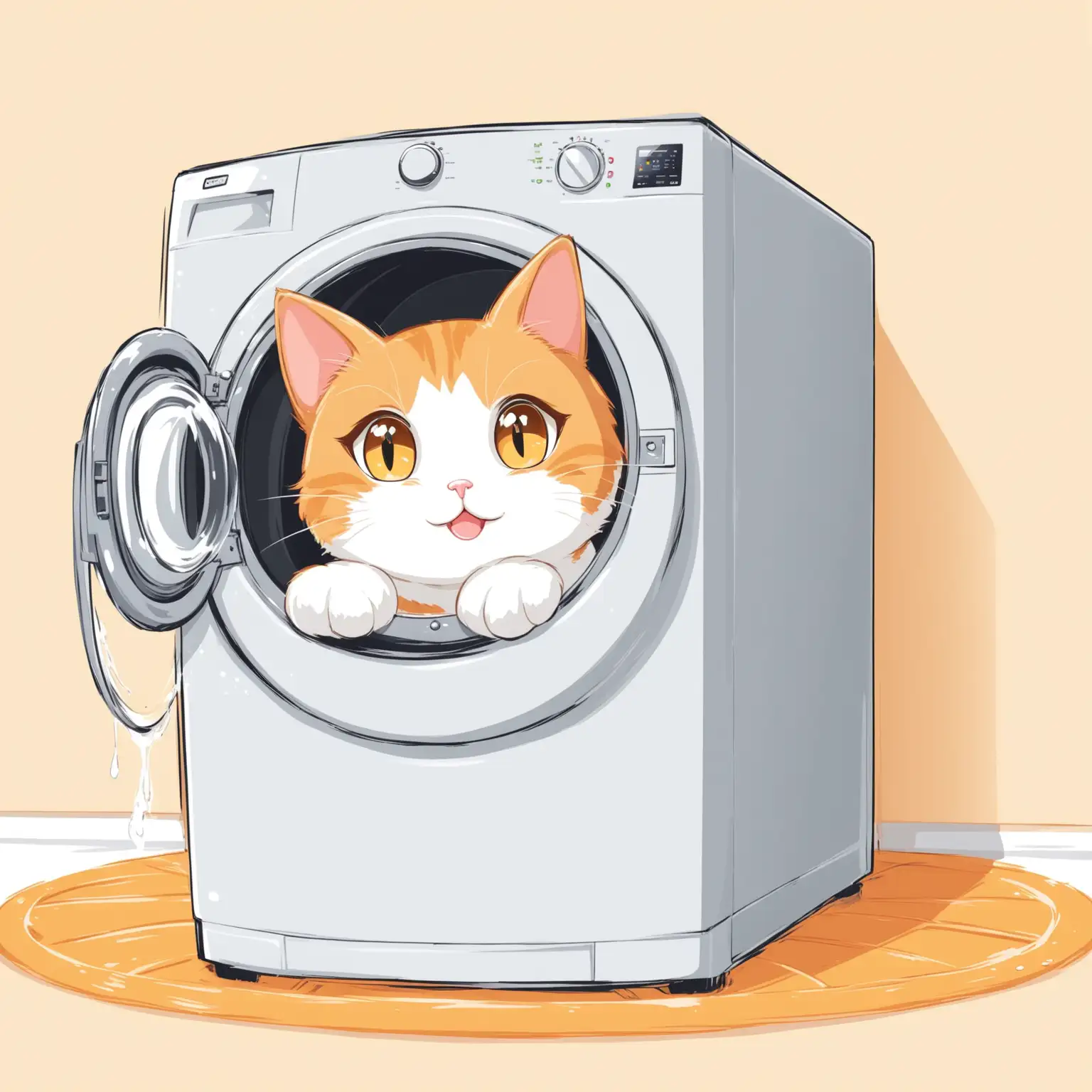 Playful Cat in Washing Machine Cartoon Illustration on White Background