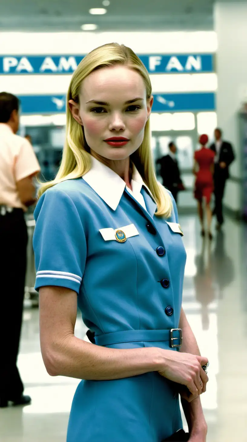 Kate bosworth, in her 18's, in very brightly airport hall, pan am hostess uniform