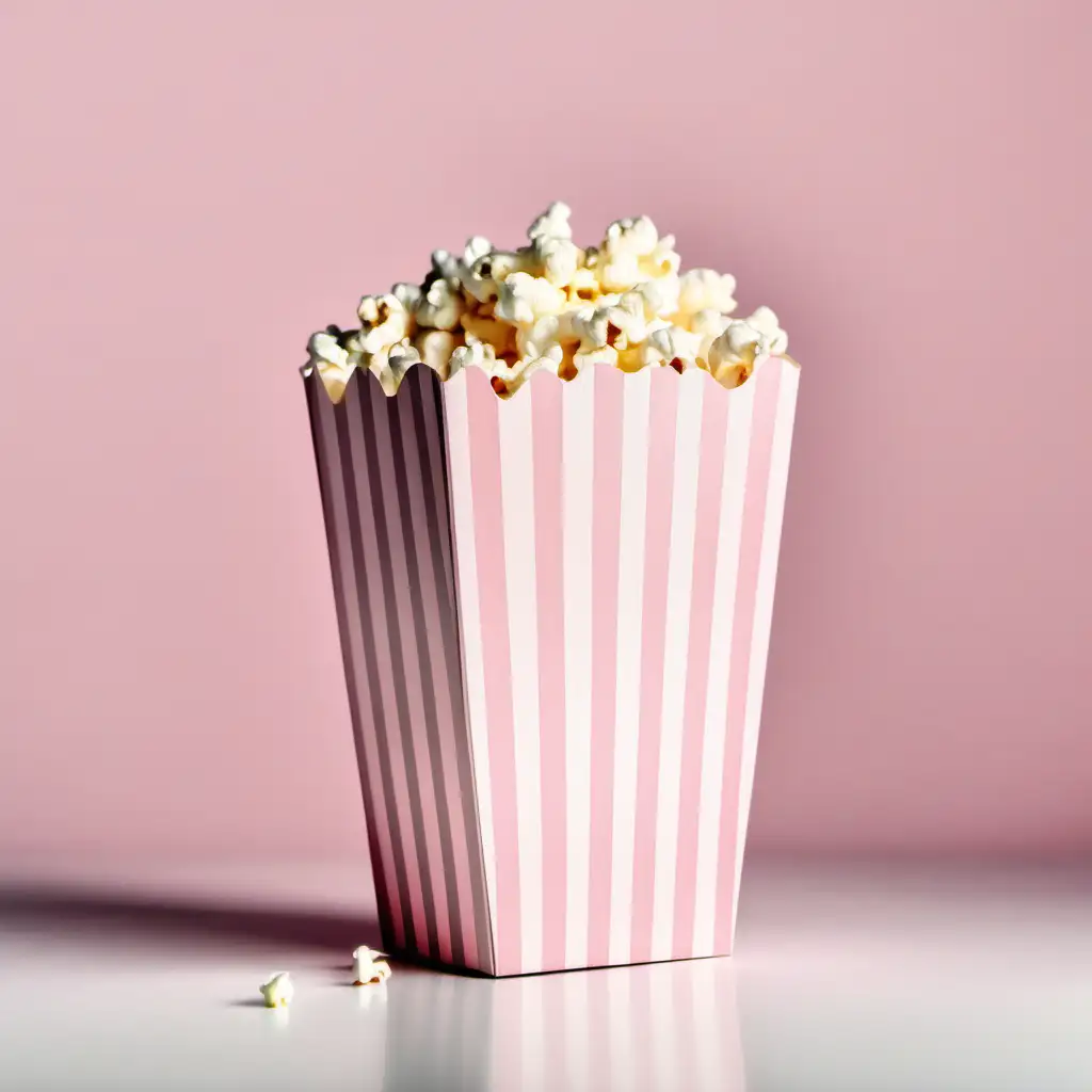 Pale pink striped popcorn box with no text, isolated on a white background. Popcorn inside the box only
