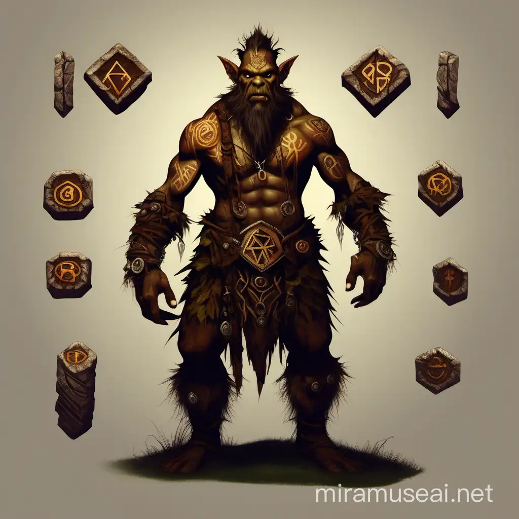 Create a Brownish Ork druid with runes on his body in a fantasy world