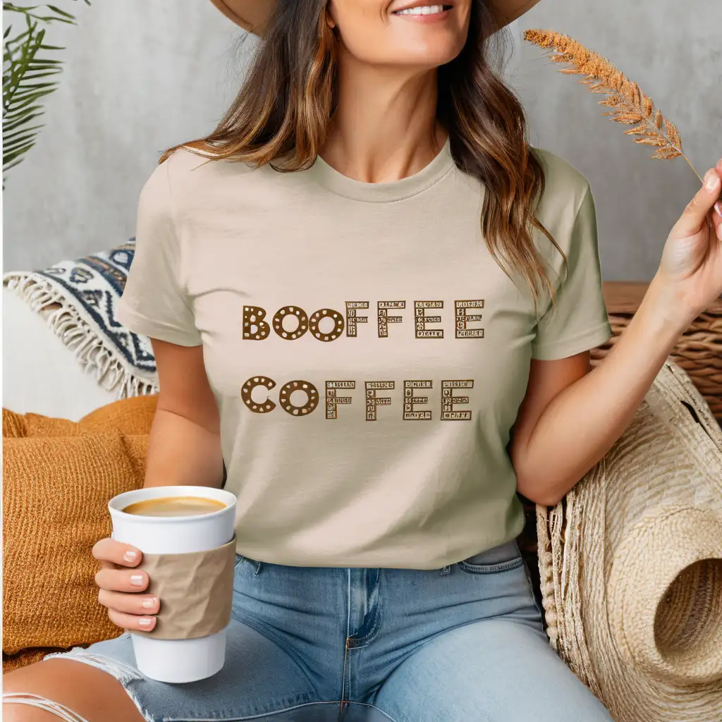 woman wearing gildan 5000 sand t-shirt mockup boho background, holding coffee cup 