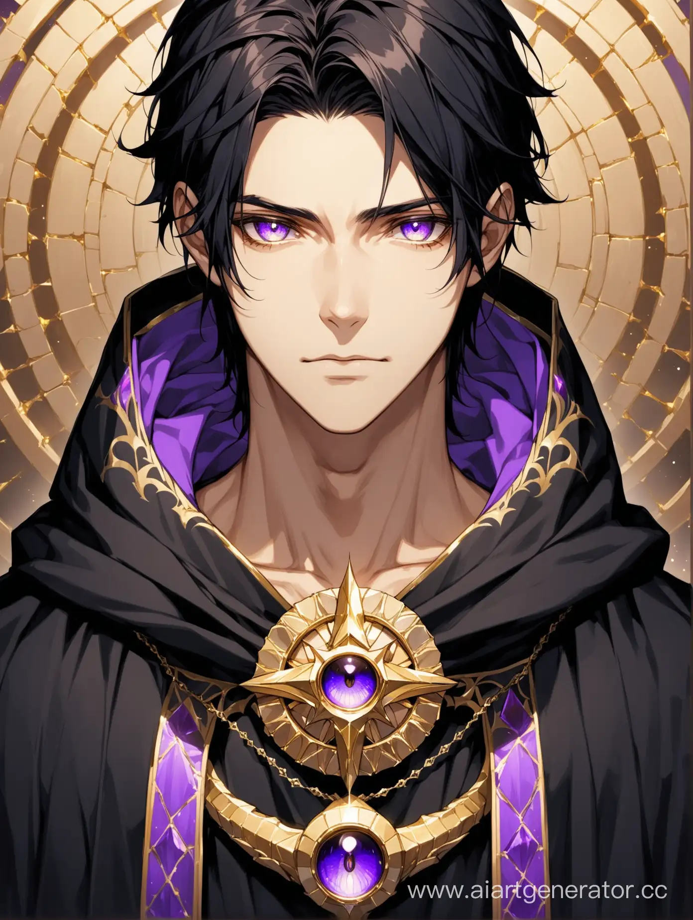 Young man, black hair, eyes of different colors: the iris of the left eye is golden, and the iris of the right eye is purple, no facial hair, light skin, fragile build, no emotions on the face, wearing a black robe with a purple lining and gold ornament