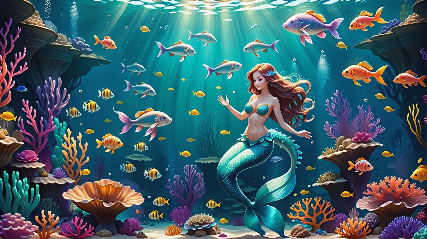 Underwater kingdom with mermaids and fish coloring book style

