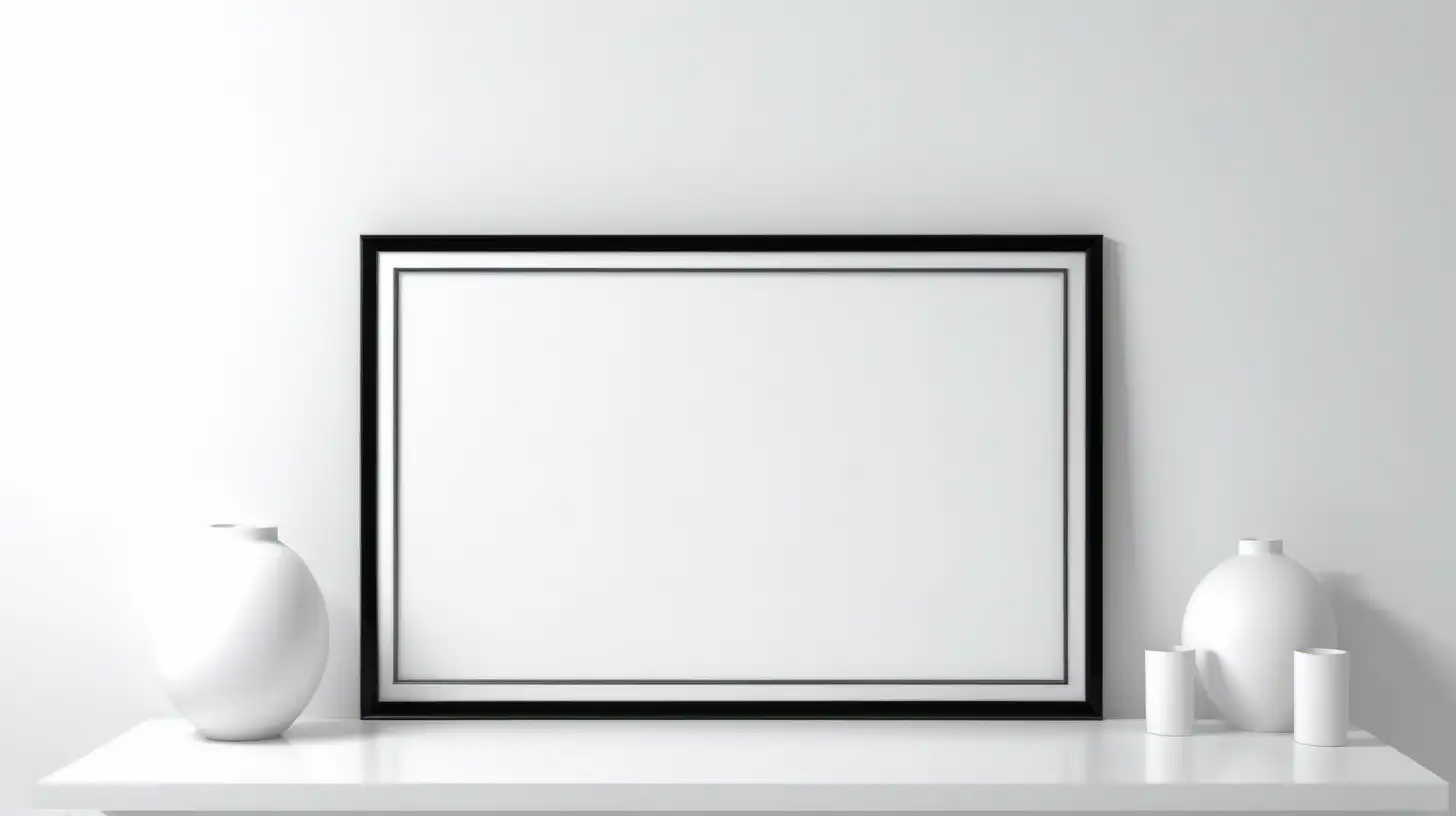 white blank black frame poster with aspect ratio of 16:9 over a white wall, exclude random objects-- ar 16:9 --v 6.0