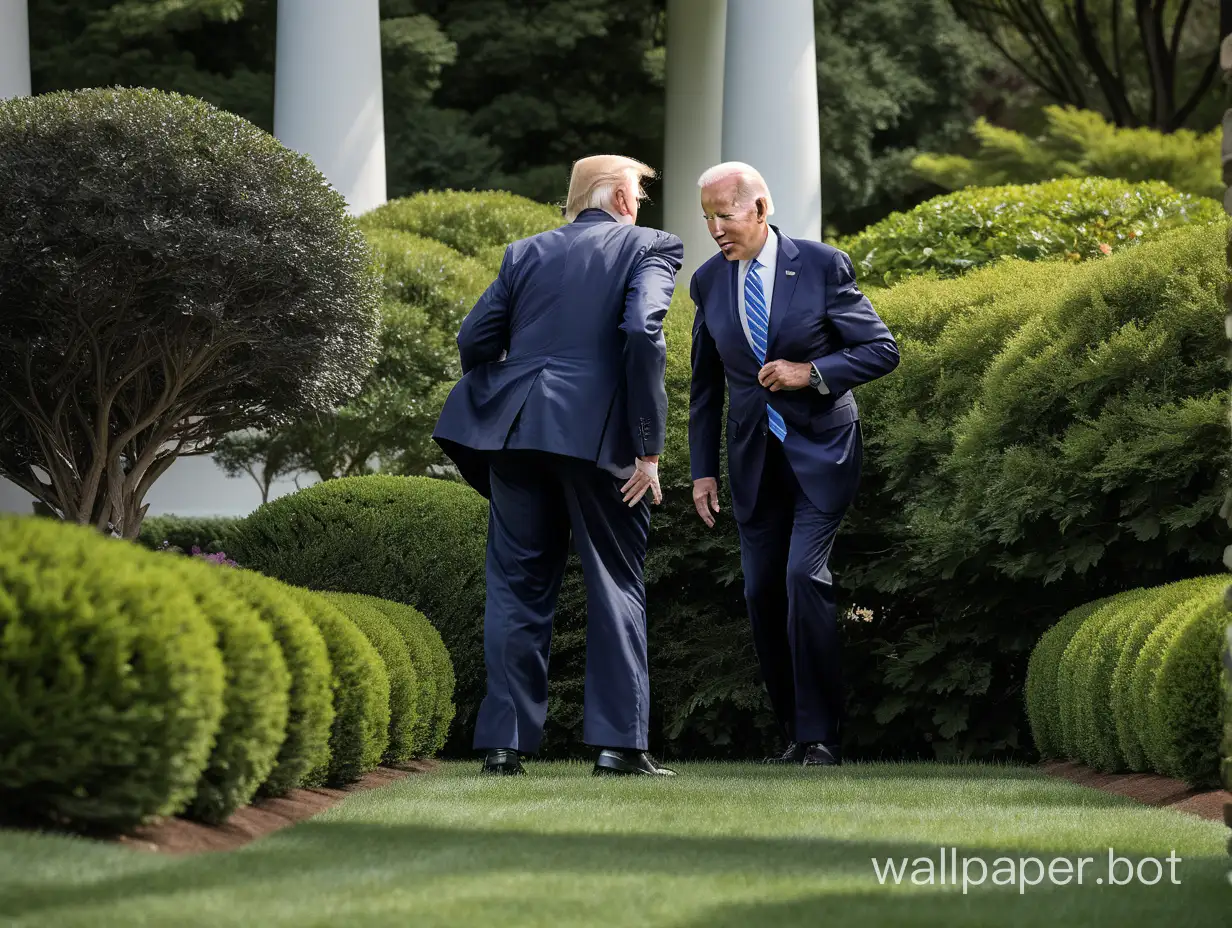 Joe Biden is looking for yesterday in the backyard of the White House. Sneaky Donald Trump is hiding behind the bush.