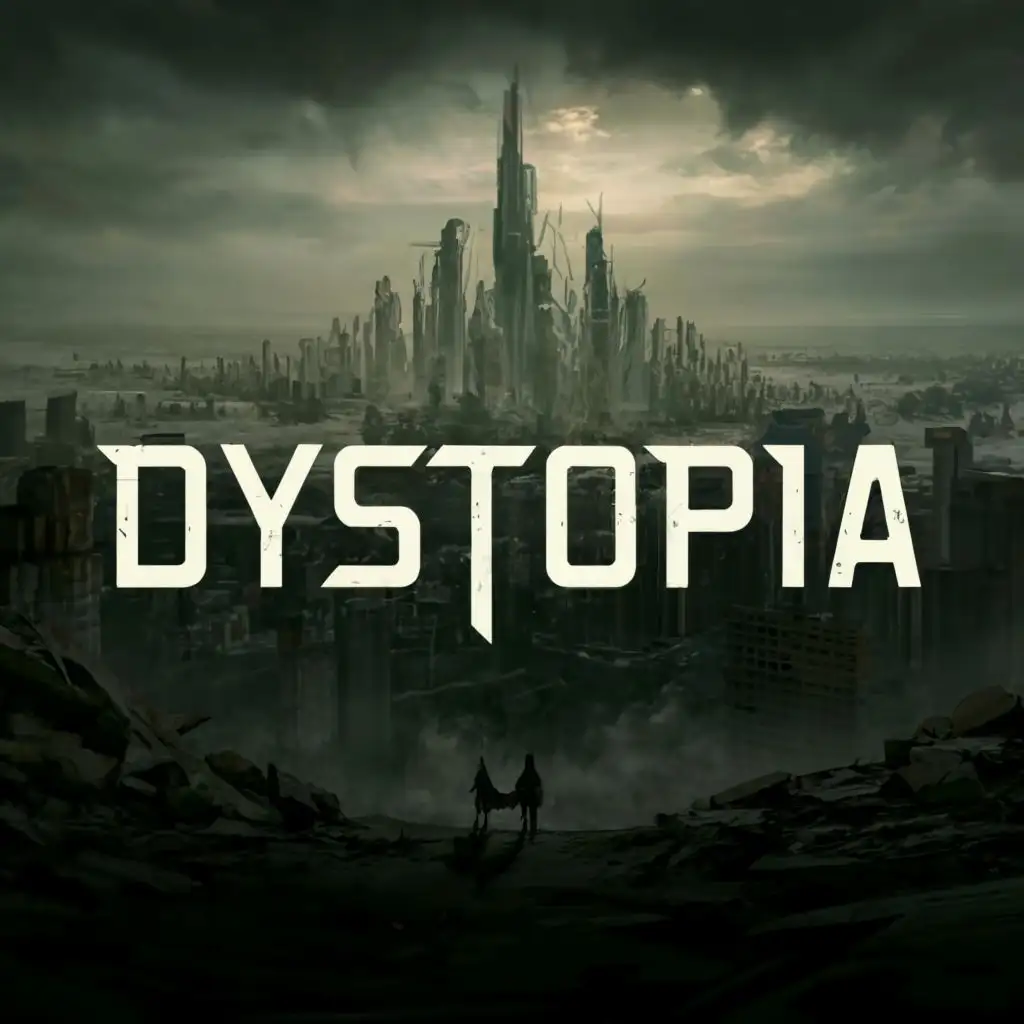 logo, post-apocalyptic dystopian world, with the text "Dystopia", typography