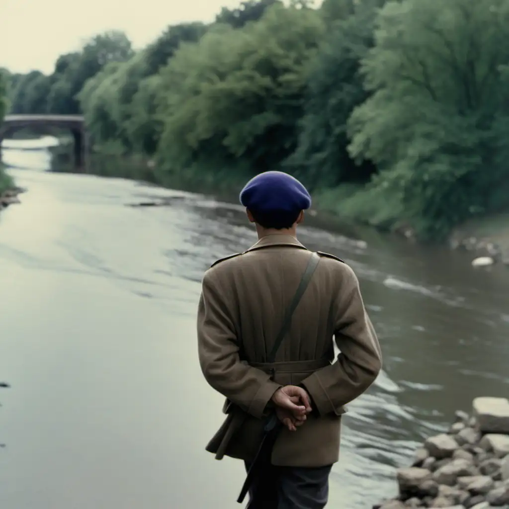 A thin man in a beret walking along a river facing away from the camera.