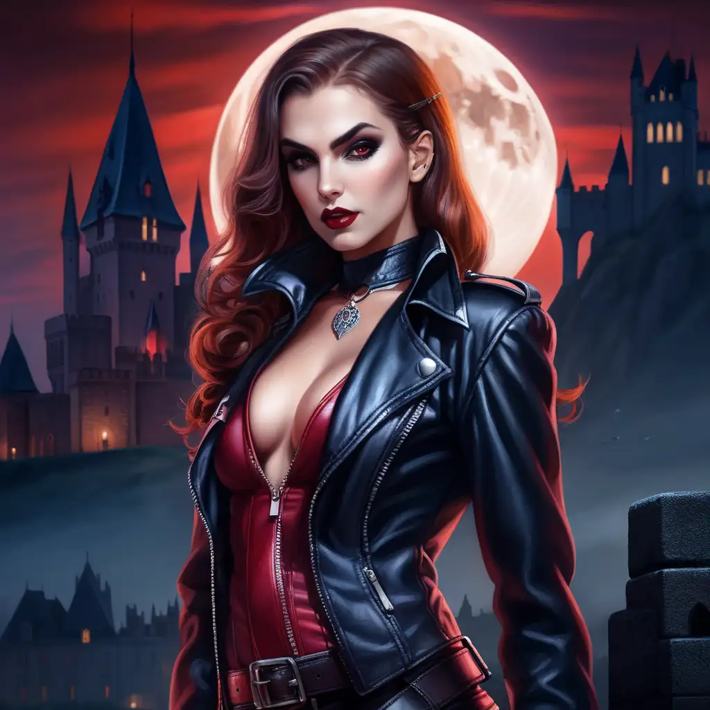 Portrait jeune femme vampire noomie rapace en tenue d assassin en cuir sexy. Châteaux dracula en fond. Il est minuit un soir de pleine lune.