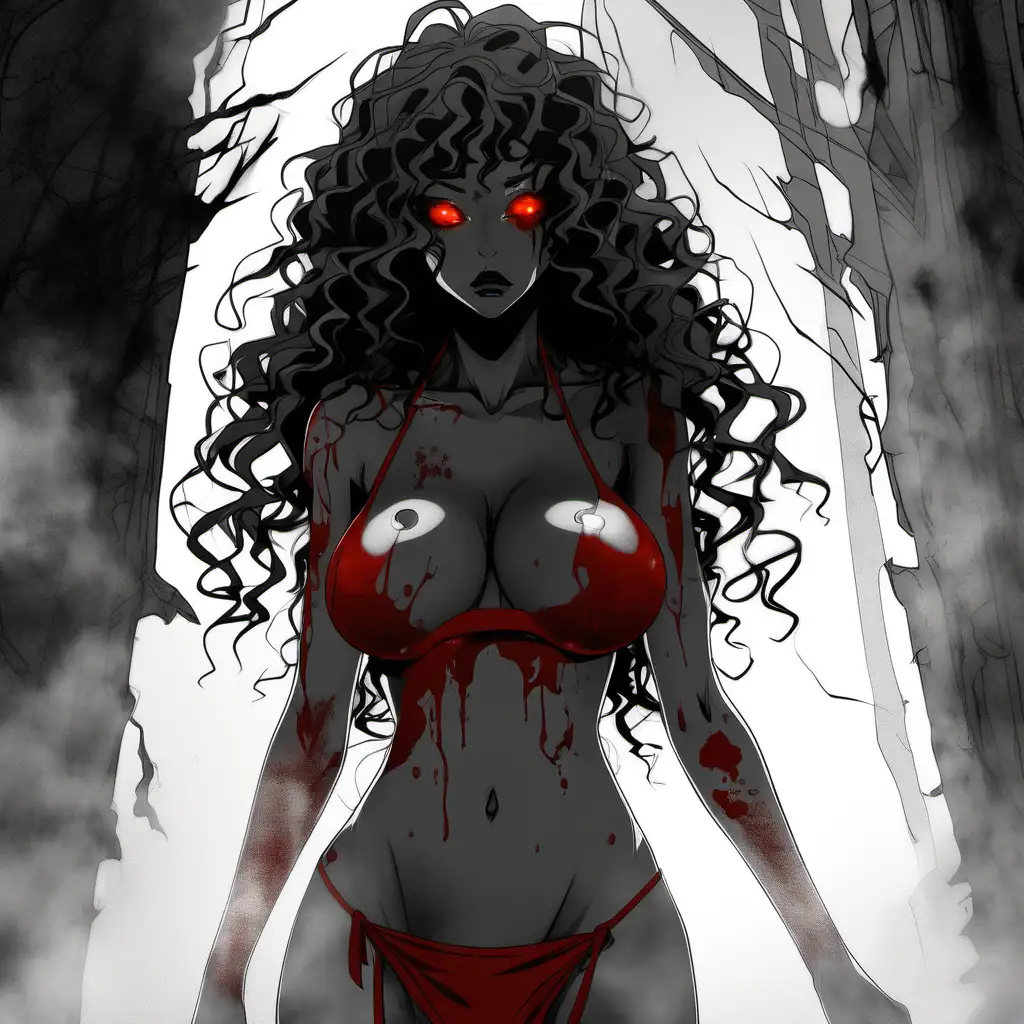 Anime Silhouette, battlefield, fire and brimstone, burning hills, blood, aura, ripped and bloodied hospital gown , beautiful body, (mature, whole body, ethereal long black wild curly hair, brown skin, black lip, red eyes, full hips/thighs, and bewitching chest with huge breasts), extremely detailed, ultra-sharp focus, depth of field, perfect meshes and textures, highly accurate reflections, volumetric fog, volumetric lighting, face drawn by the masterful artist Paul Gauguin, thin and soft lines --ar 2:3 --niji 5 