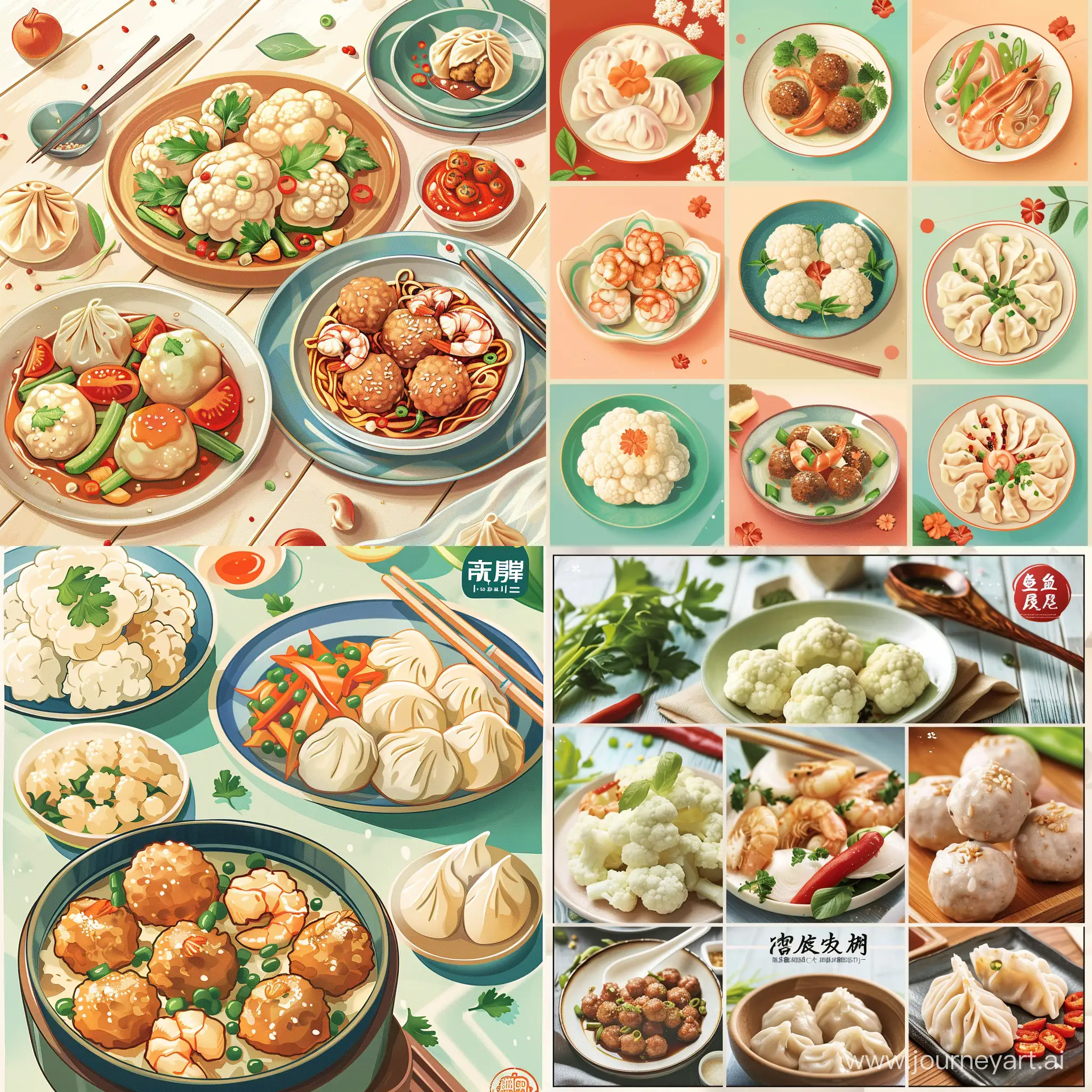Colorful-Balanced-Diet-Poster-Cauliflower-StirFry-Meatball-with-Shrimp-and-Dumplings
