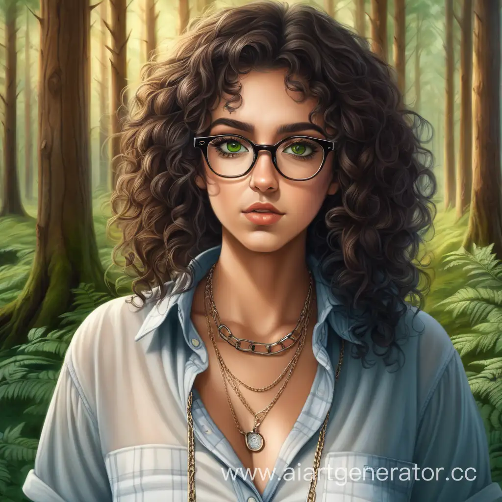 девушка с пышными формами, 32 года, темные кудрявые волосы, зеленые глаза, широкие брови, греческий нас, в лесу, в очках, одета в рубашку, часы на цепочке на шее