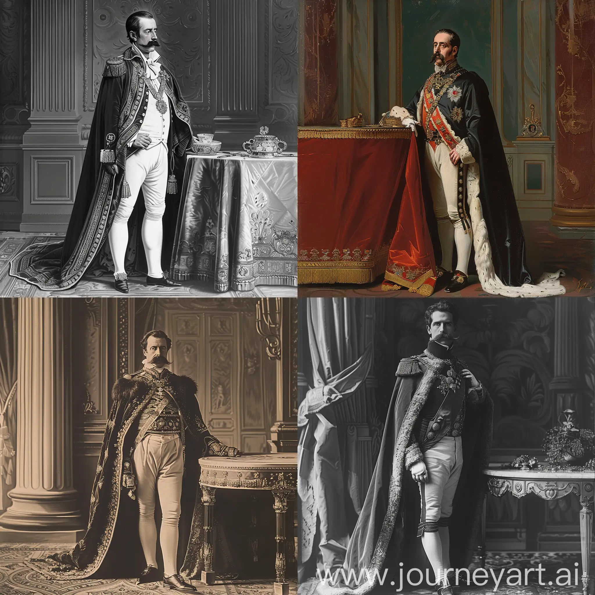 Napoleon III standing tall next to a table in palace, depicted in the attires at that age, long luxury cape, first president and the last emperor of france, he has long mustache and long goatee beard to mouth