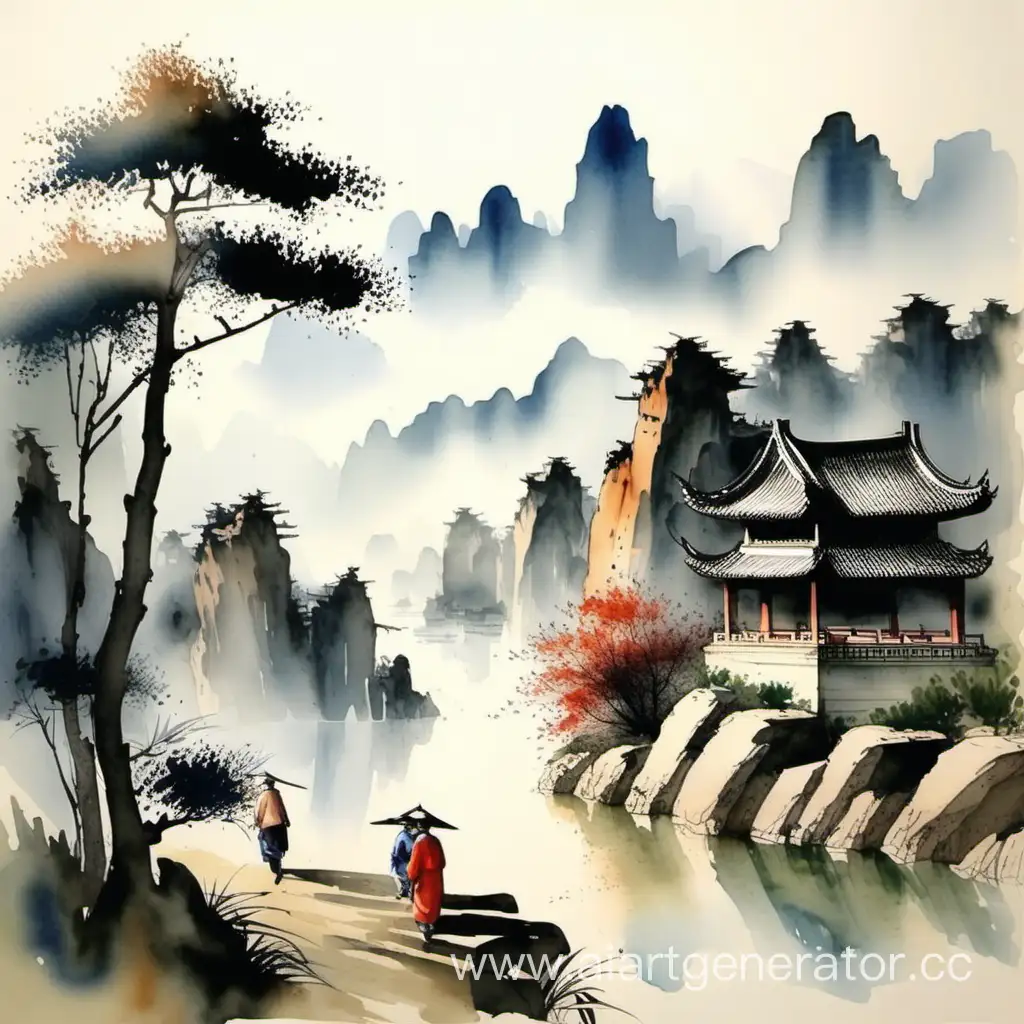 китайский пейзаж акварель