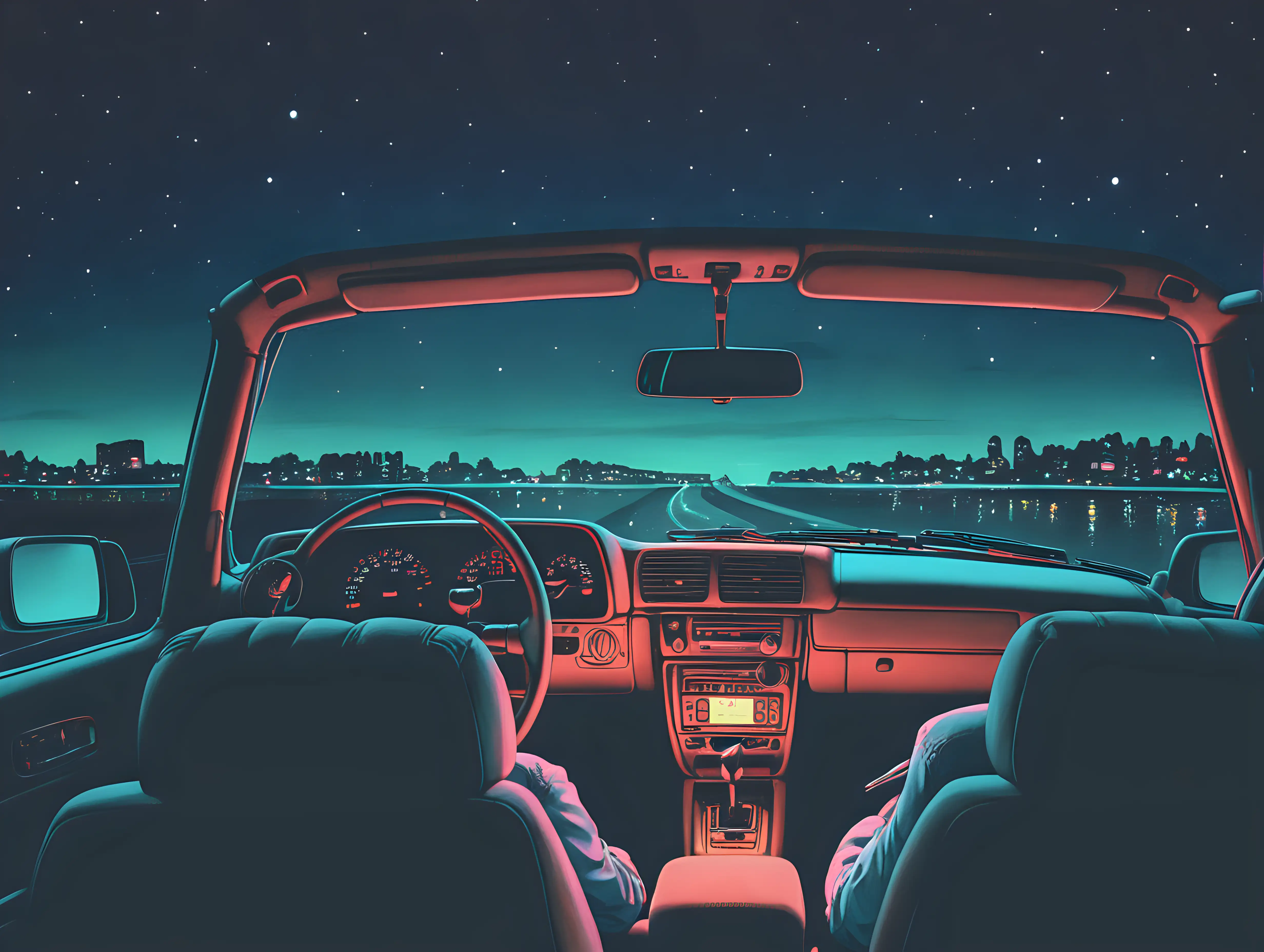 lofi chill, in a car at night