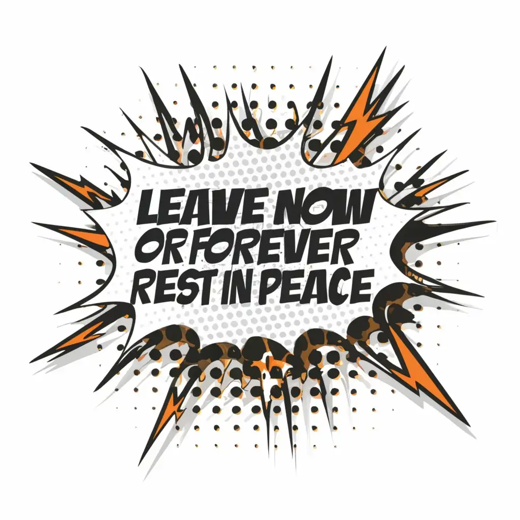 a logo design,with the text "comic speech bubble with text, "leave now or forever rest in peace"", main symbol:comic speech bubble with text, "leave now or forever rest in peace",Moderate,be used in Entertainment industry,clear background
