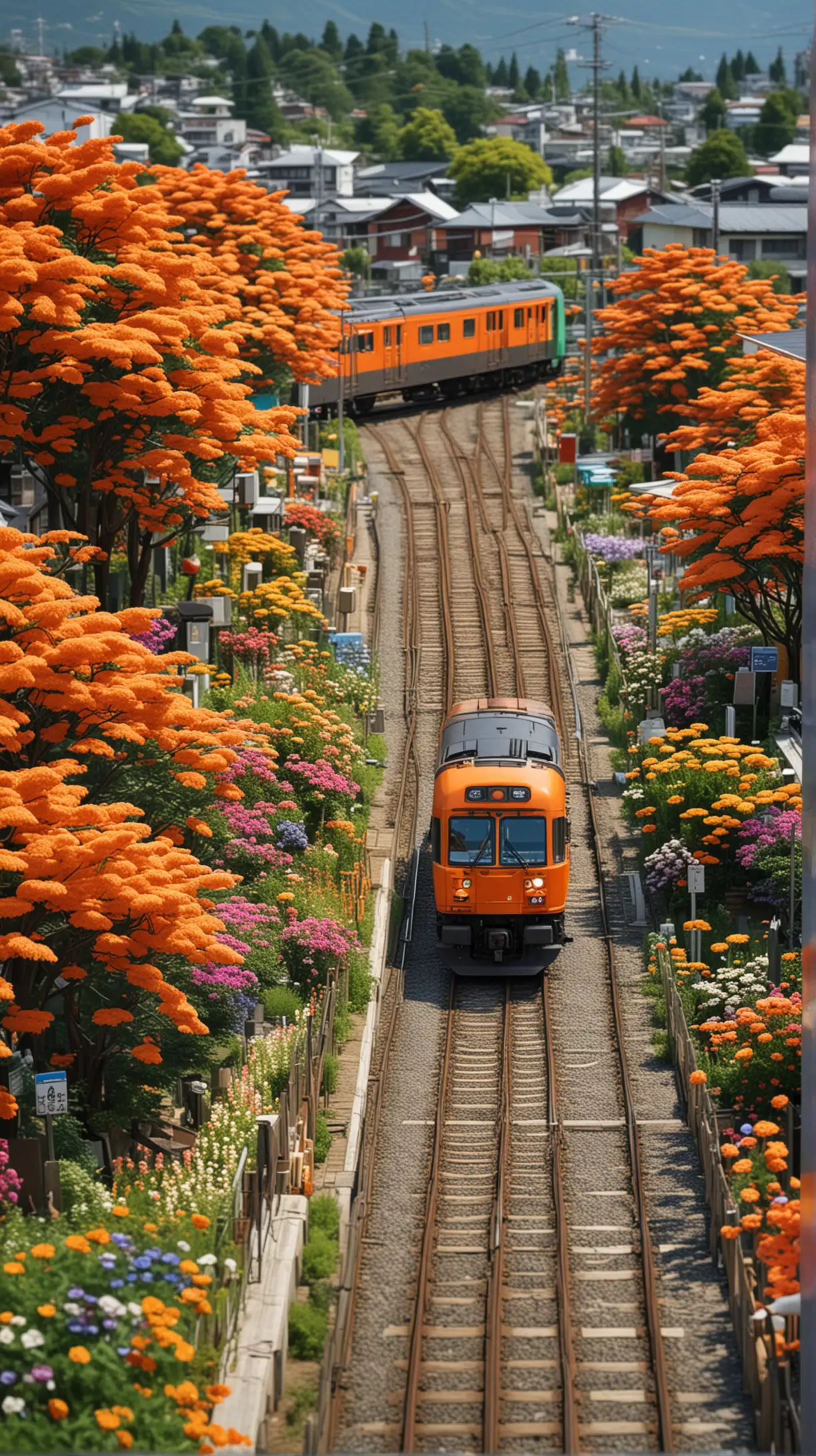 view from distance, orange color train embarks from a variant vibrant floral statition in the neighbourhood of toyama town, ultra detailed, 3D render, Mystics_meta style, acrylic palette knife, 
