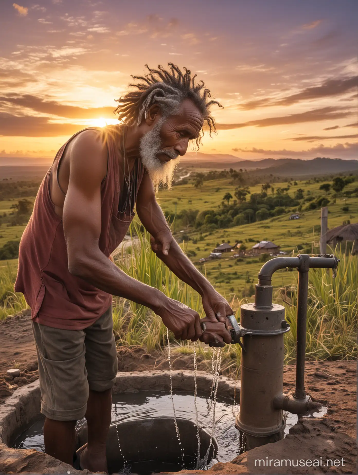 Papua Elder Repairing Water Well Against Sunset Backdrop